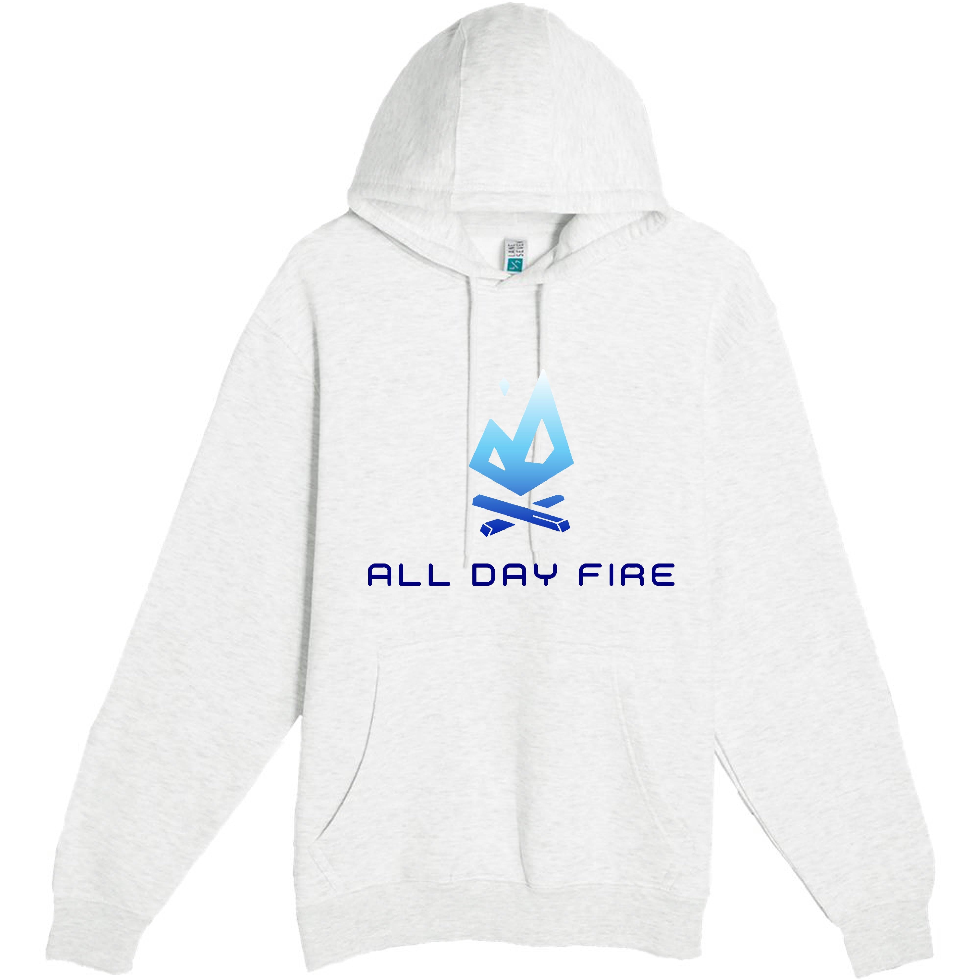 Oatmeal Heather hoodie featuring the bold blue All Day Fire Outfitters logo. Soft, outdoor-ready campfire hoodie designed for comfort and family adventures.