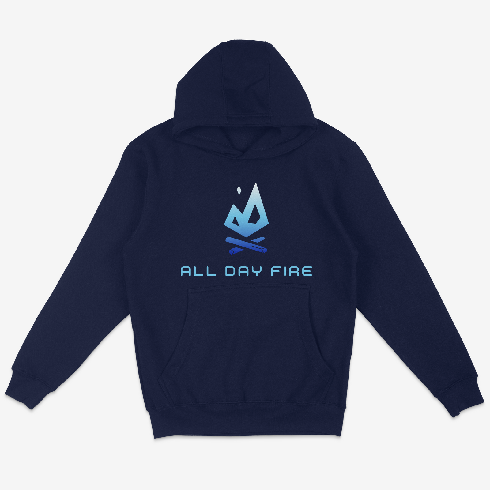 Navy blue hoodie featuring the original All Day Fire Outfitters logo. Comfortable outdoor apparel built for warmth and family time.