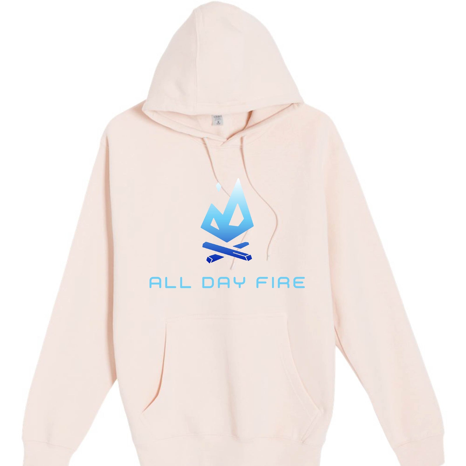 Pale pink hoodie with original All Day Fire Outfitters logo. Cozy, unisex outdoor hoodie made for campfires and relaxed weekends.