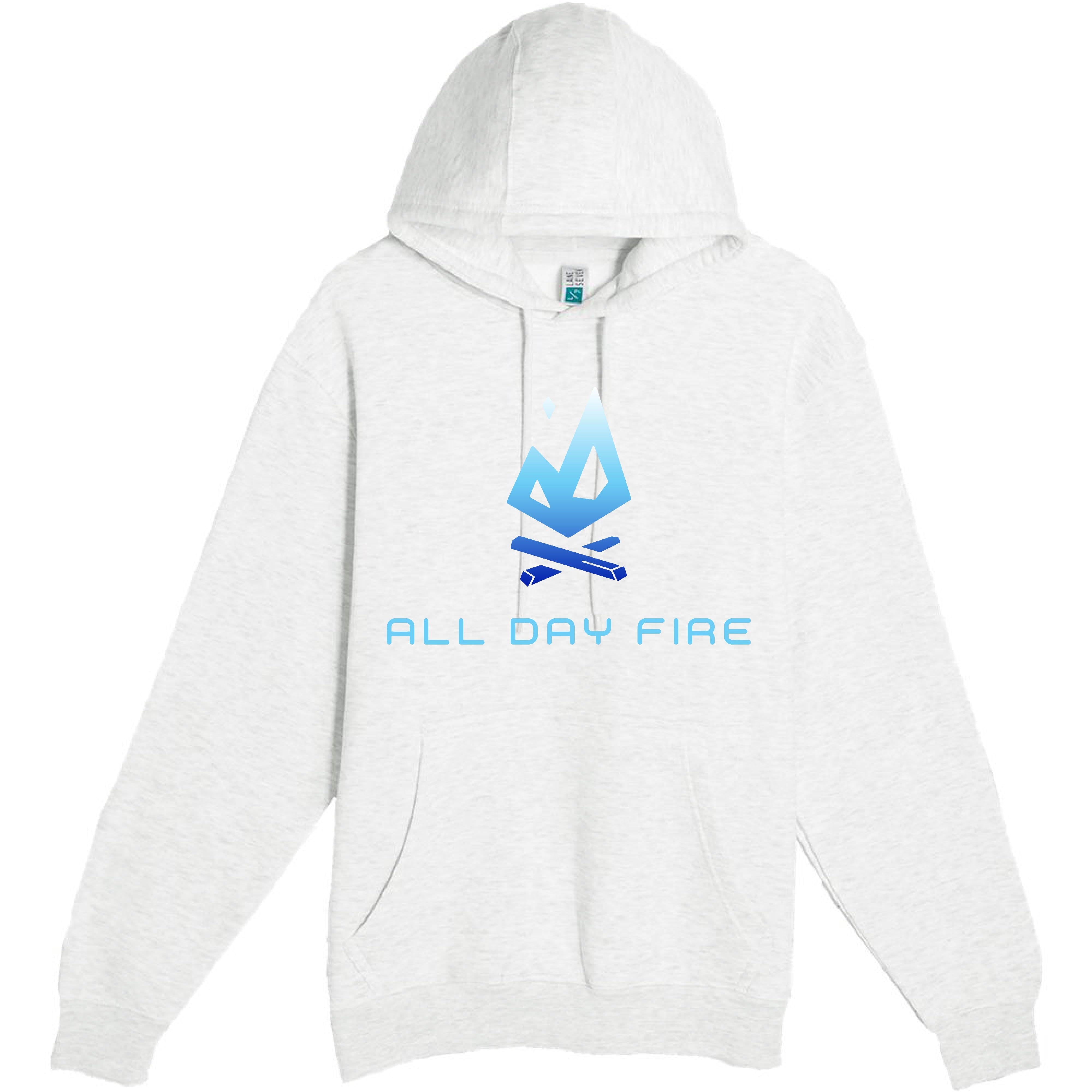 White hoodie with bold All Day Fire Outfitters logo. Lightweight fleece for outdoor comfort and everyday adventure.