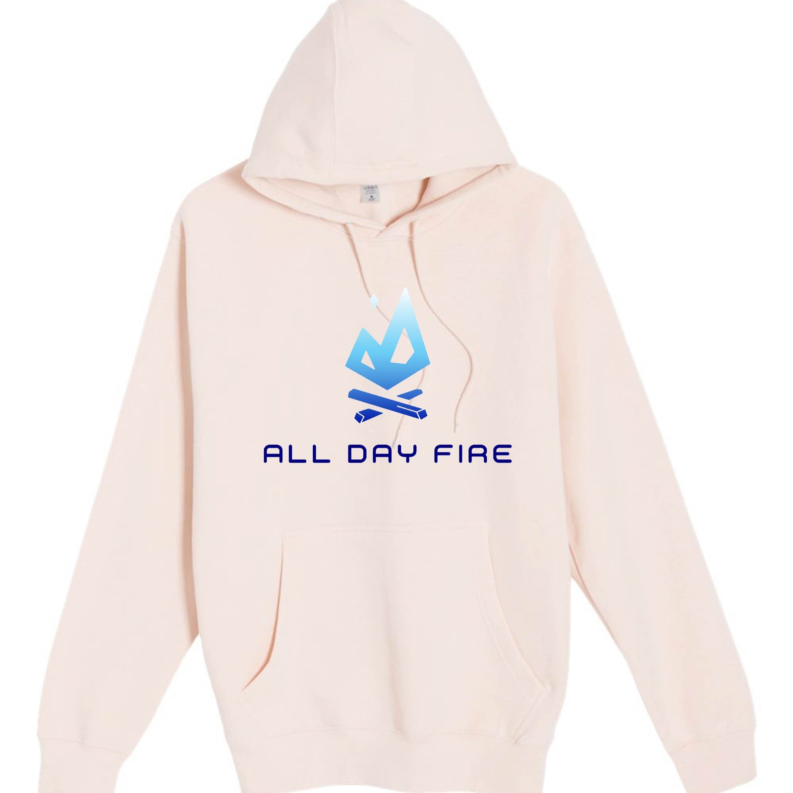 Pale pink hoodie featuring the bold blue All Day Fire Outfitters logo. Comfortable, cozy hoodie made for outdoor adventures and campfire nights.