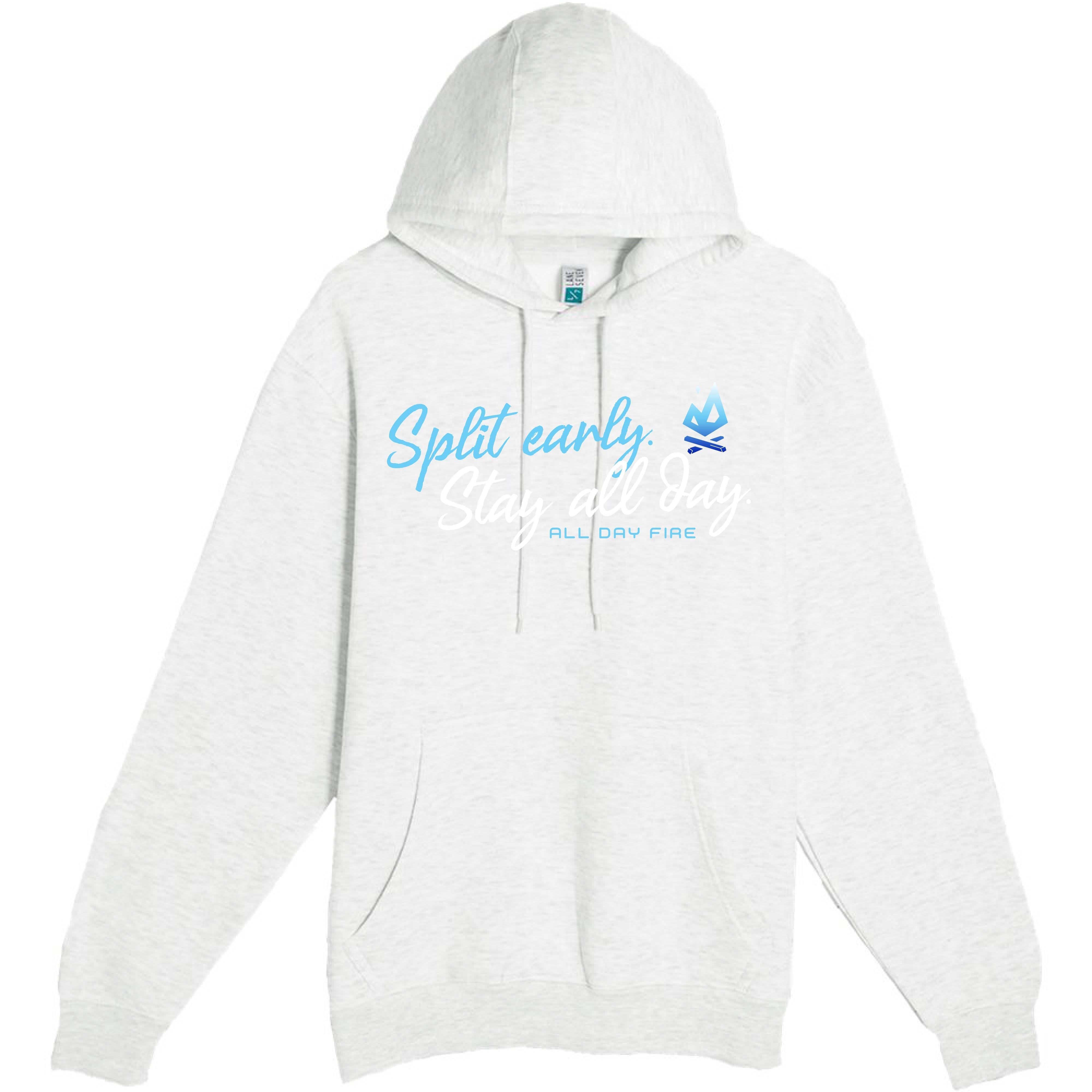 Heather oatmeal hoodie with Split Early Stay All Day slogan and All Day Fire logo. Soft fleece outdoor hoodie for family and outdoor adventure.