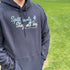Navy hoodie with Split Early Stay All Day slogan and All Day Fire logo. Outdoor-inspired fleece hoodie for camping and everyday adventure.