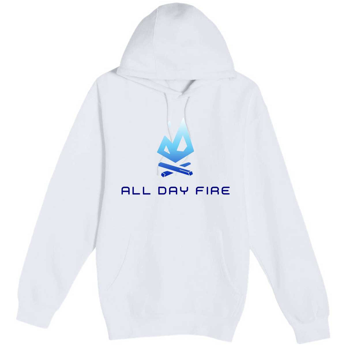 White hoodie featuring the bold blue All Day Fire Outfitters logo. Outdoor-inspired campfire clothing designed for warmth, comfort, and adventure.