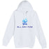 White hoodie featuring the bold blue All Day Fire Outfitters logo. Outdoor-inspired campfire clothing designed for warmth, comfort, and adventure.