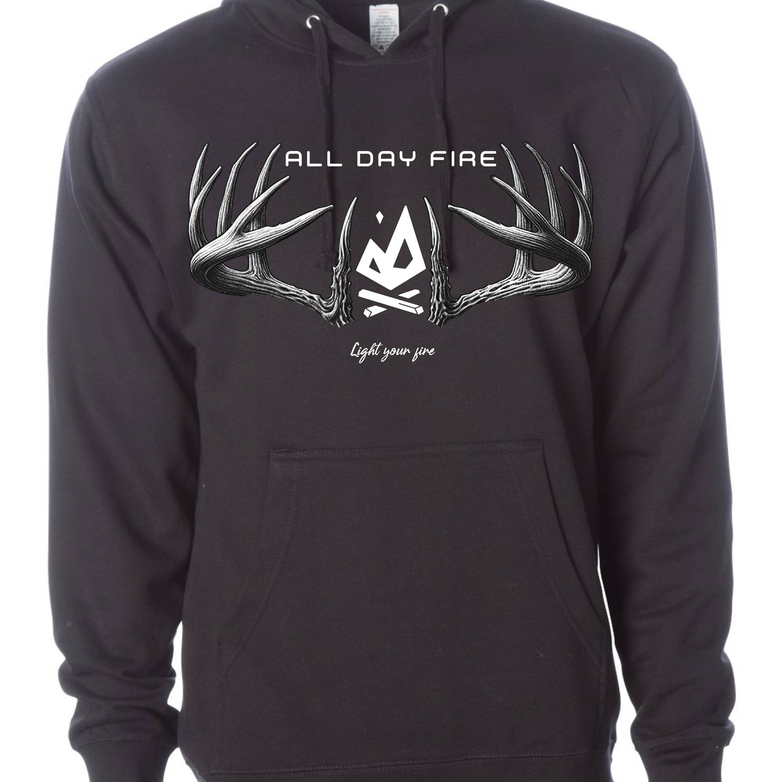 Black hunting hoodie featuring antlered Light Your Fire graphic and All Day Fire Outfitters logo. Midweight cotton poly blend built for outdoor comfort and campfire warmth.