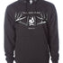 Black hunting hoodie featuring antlered Light Your Fire graphic and All Day Fire Outfitters logo. Midweight cotton poly blend built for outdoor comfort and campfire warmth.