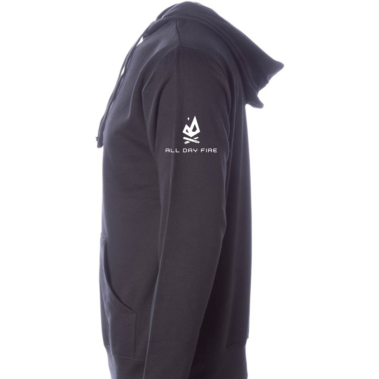 Black hunting hoodie featuring antlered Light Your Fire graphic and All Day Fire Outfitters logo. Midweight cotton poly blend built for outdoor comfort and campfire warmth.