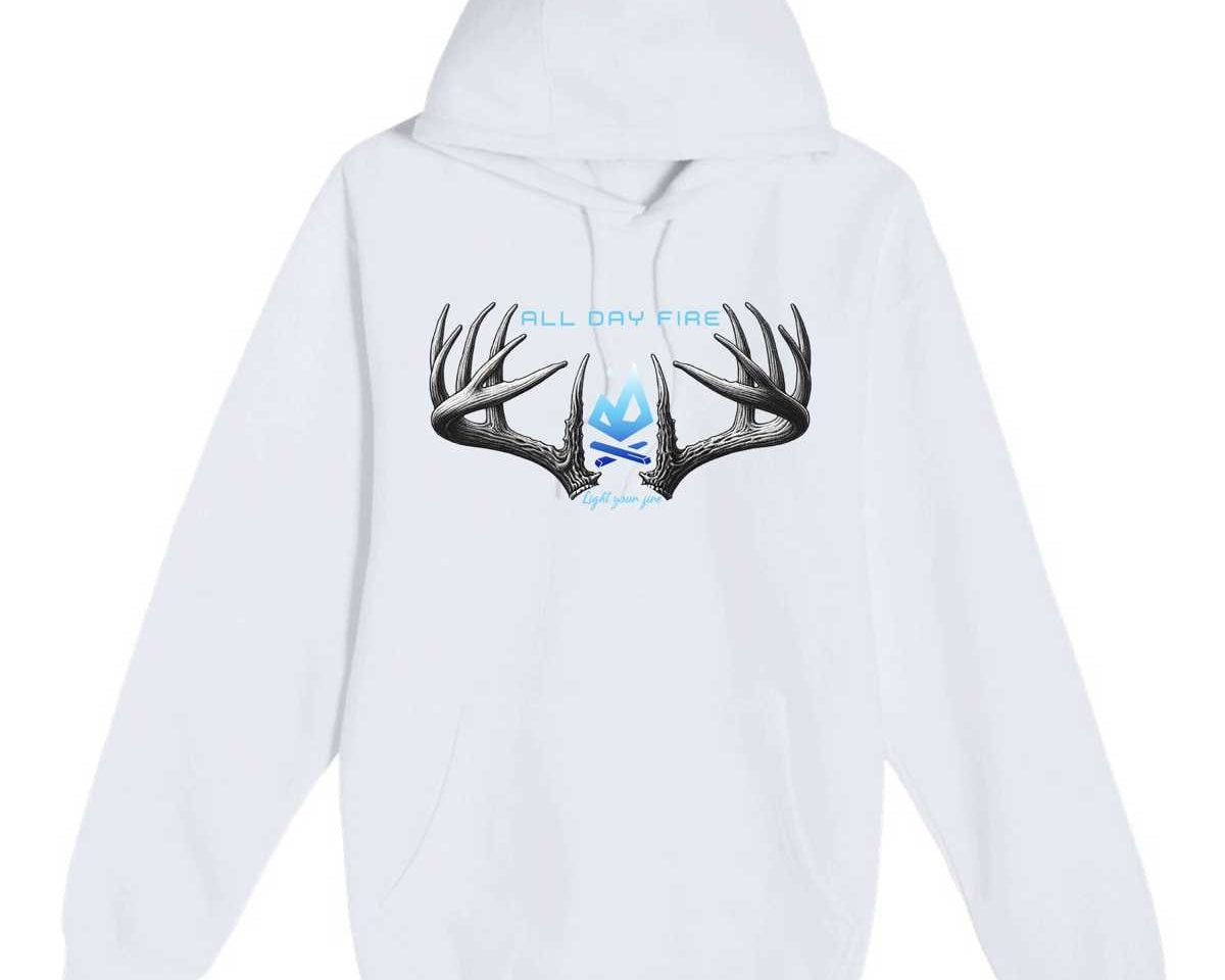 White hunting hoodie with antlered Light Your Fire design and original blue All Day Fire logo. Midweight cotton poly blend for camping and outdoor comfort.