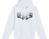 White hunting hoodie with antlered Light Your Fire design and original blue All Day Fire logo. Midweight cotton poly blend for camping and outdoor comfort.