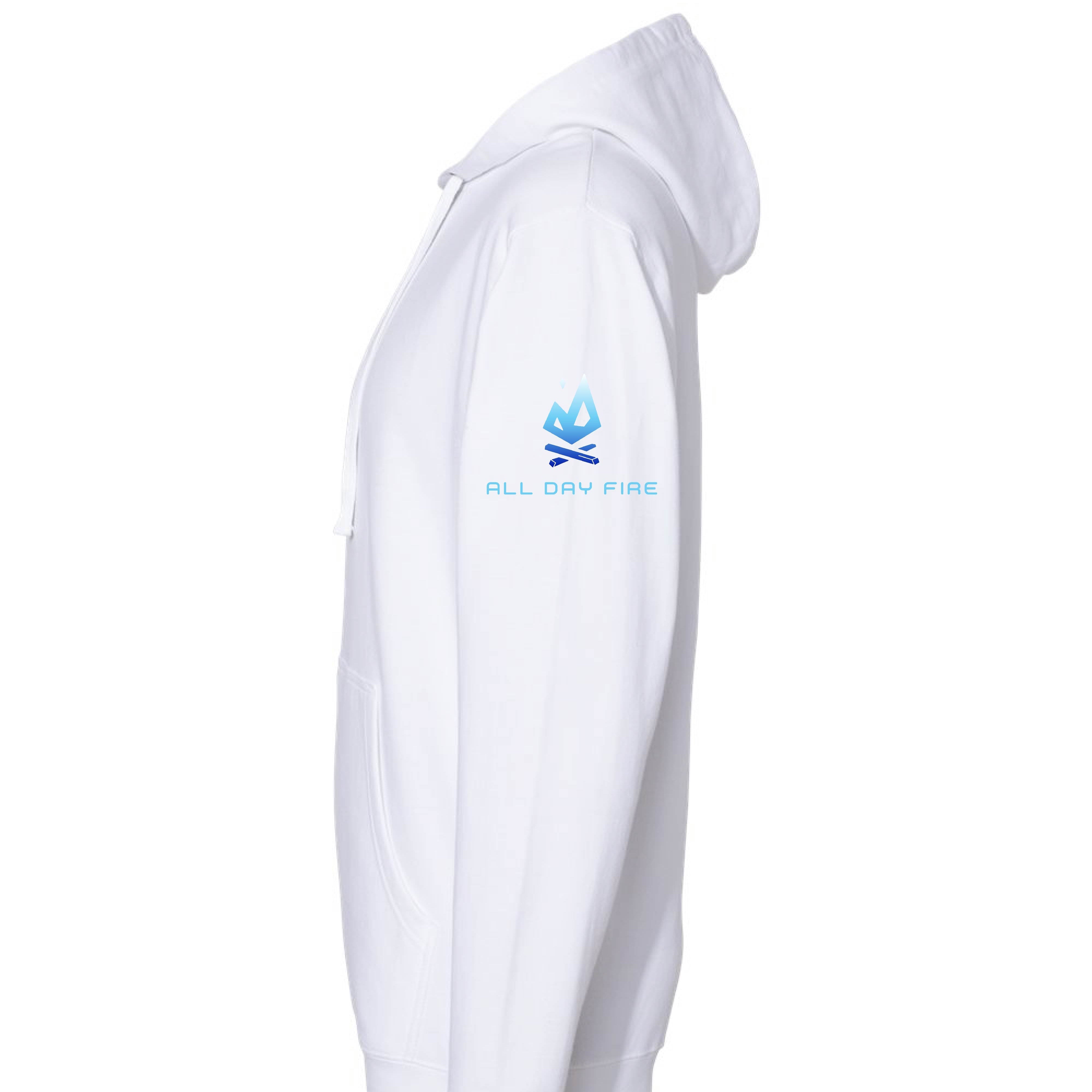 White hunting hoodie with antlered Light Your Fire design and original blue All Day Fire logo. Midweight cotton poly blend for camping and outdoor comfort.