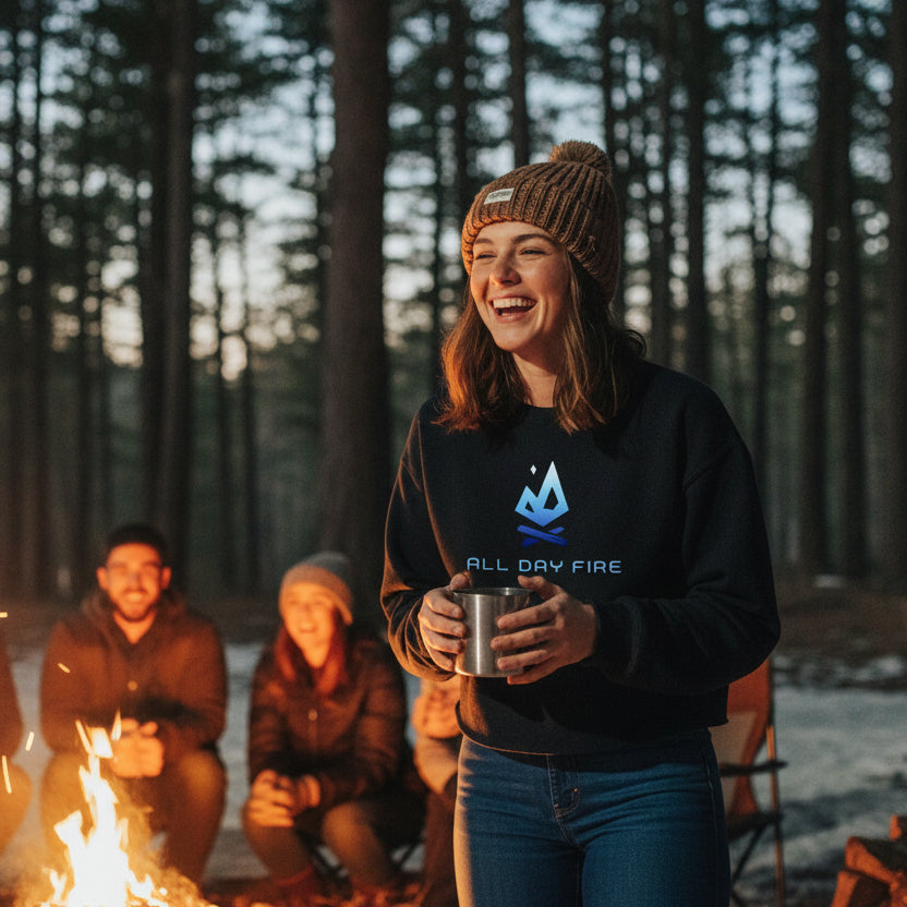Black cropped crewneck with All Day Fire Outfitters logo. Comfortable women’s sweatshirt for camping and everyday outdoor wear.