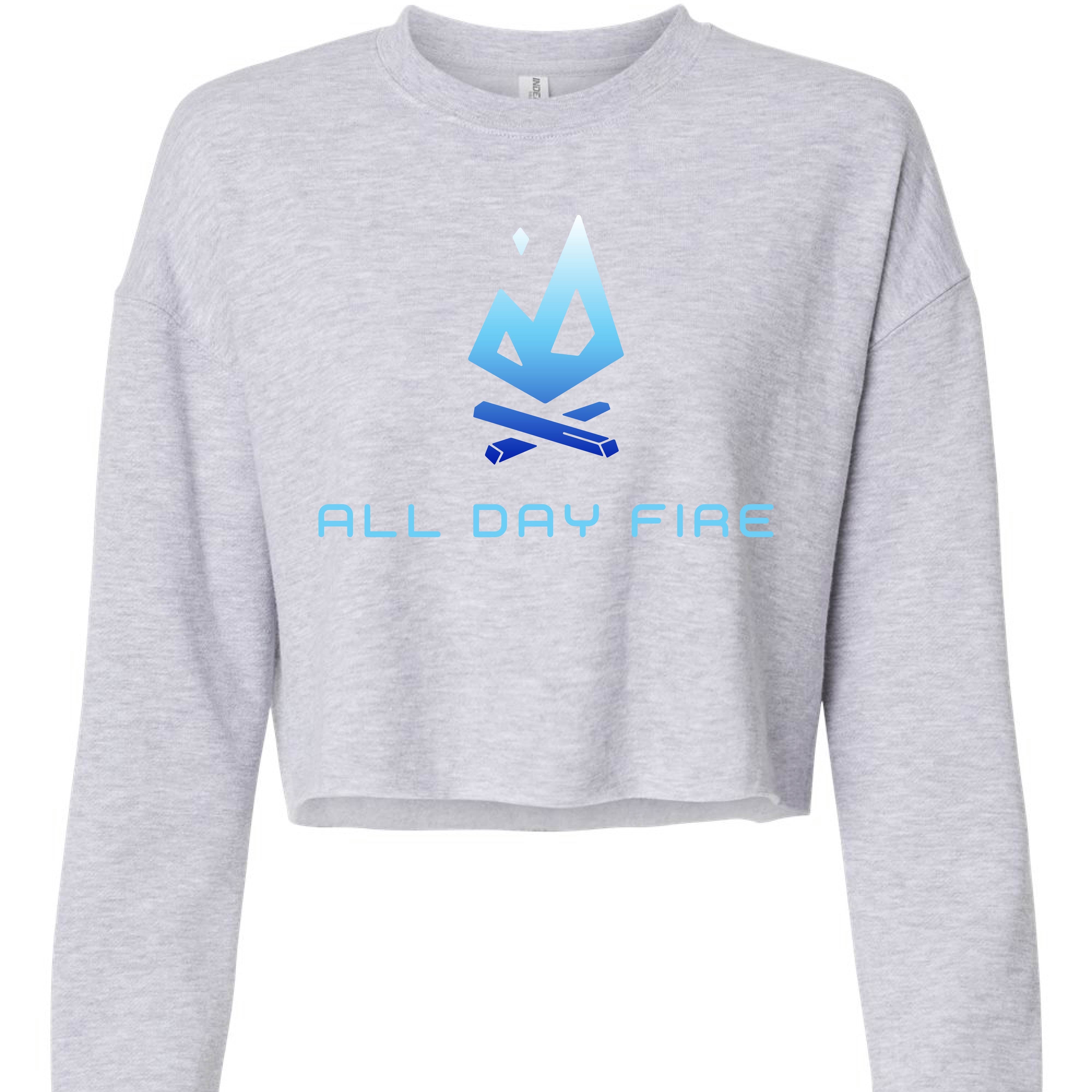 Grey heather cropped crewneck featuring the All Day Fire Outfitters logo. Soft, lightweight women’s crewneck for outdoor and campfire living.