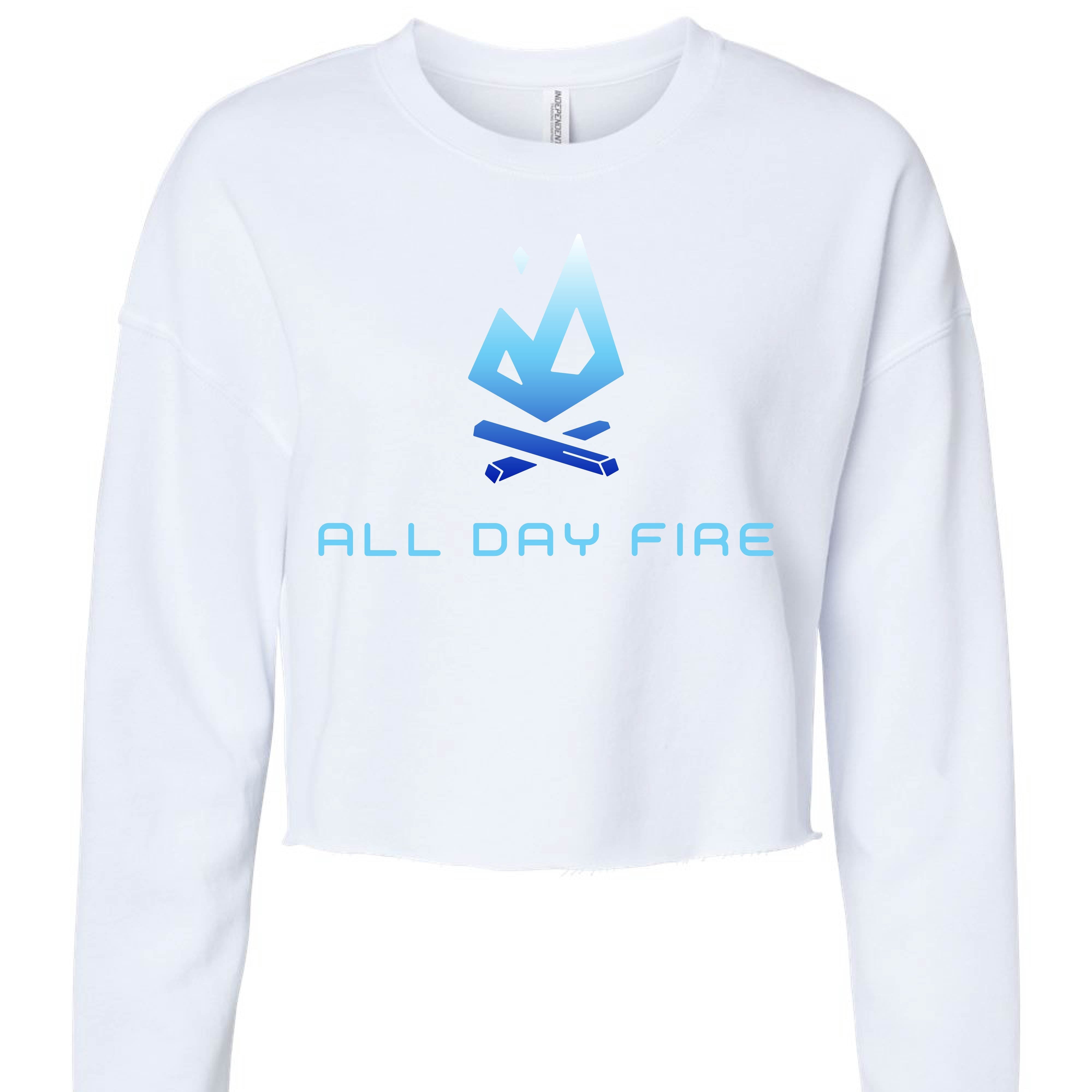 White cropped crewneck featuring the All Day Fire Outfitters classic logo. Lightweight women’s sweatshirt perfect for outdoor adventures and camping.