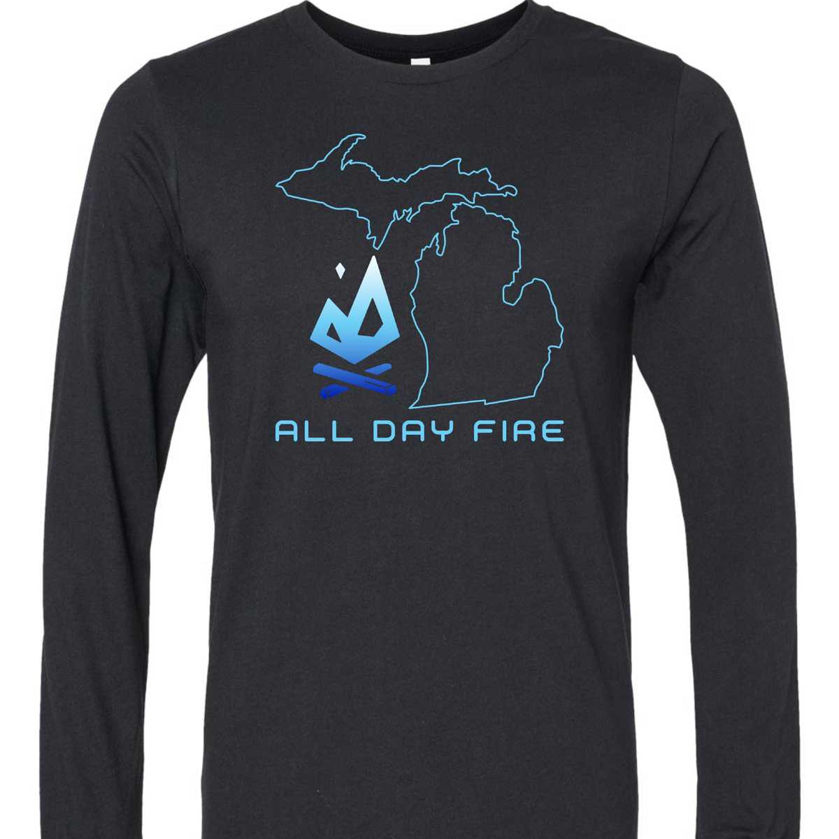 Black heather long sleeve tee with Michigan Edition All Day Fire Outfitters logo. Soft outdoor shirt perfect for camping and Michigan living.
