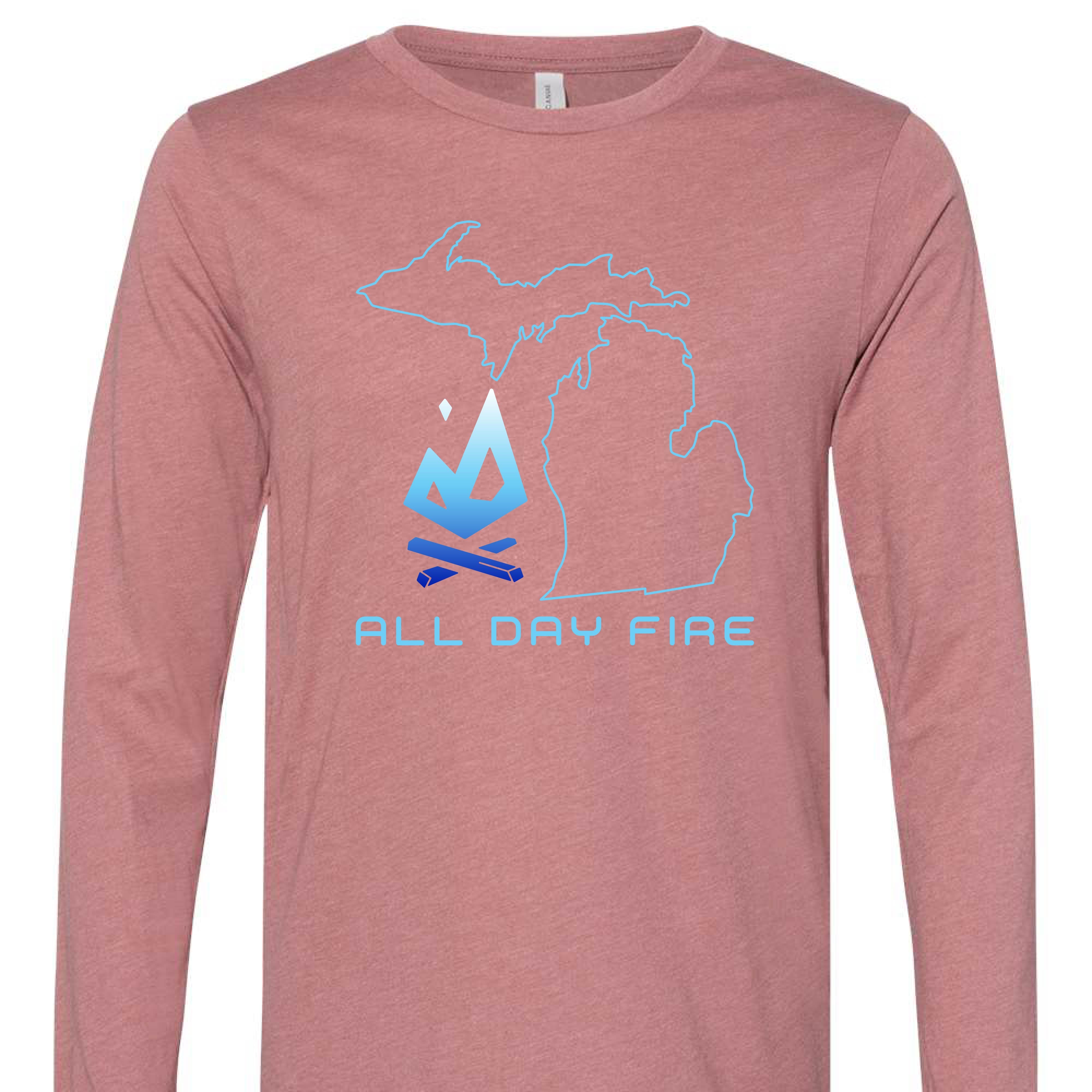 Heather mauve long sleeve tee featuring Michigan Edition All Day Fire Outfitters design. Comfortable, outdoorsy tee for bonfires and family camping trips.