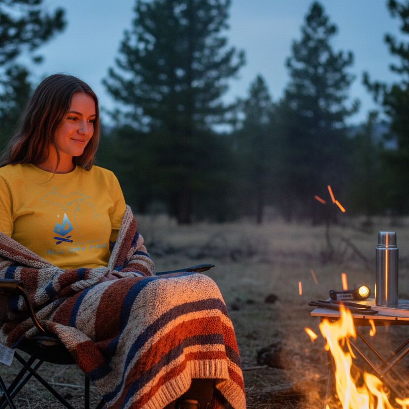 Heather yellow gold long sleeve tee with Michigan Edition All Day Fire Outfitters logo. Perfect for camping, fishing, and outdoor adventures.