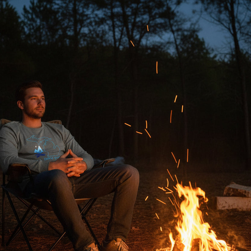 Heather slate long sleeve with All Day Fire Outfitters Michigan Edition logo. Lightweight outdoor tee for cool nights and campfire adventures.