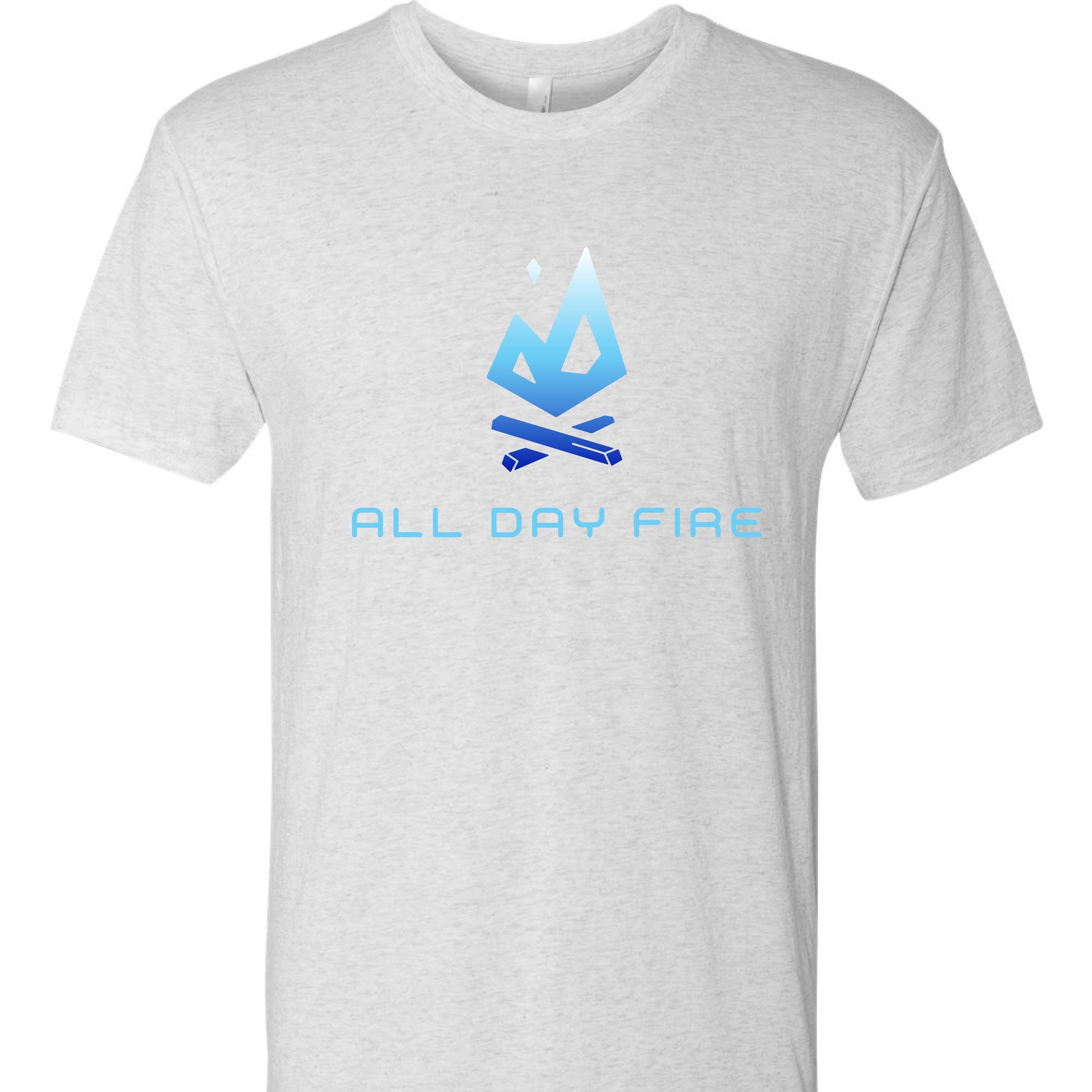 Heather white tee with All Day Fire logo on front. Lightweight, breathable outdoor shirt made for campfires and summer adventures.