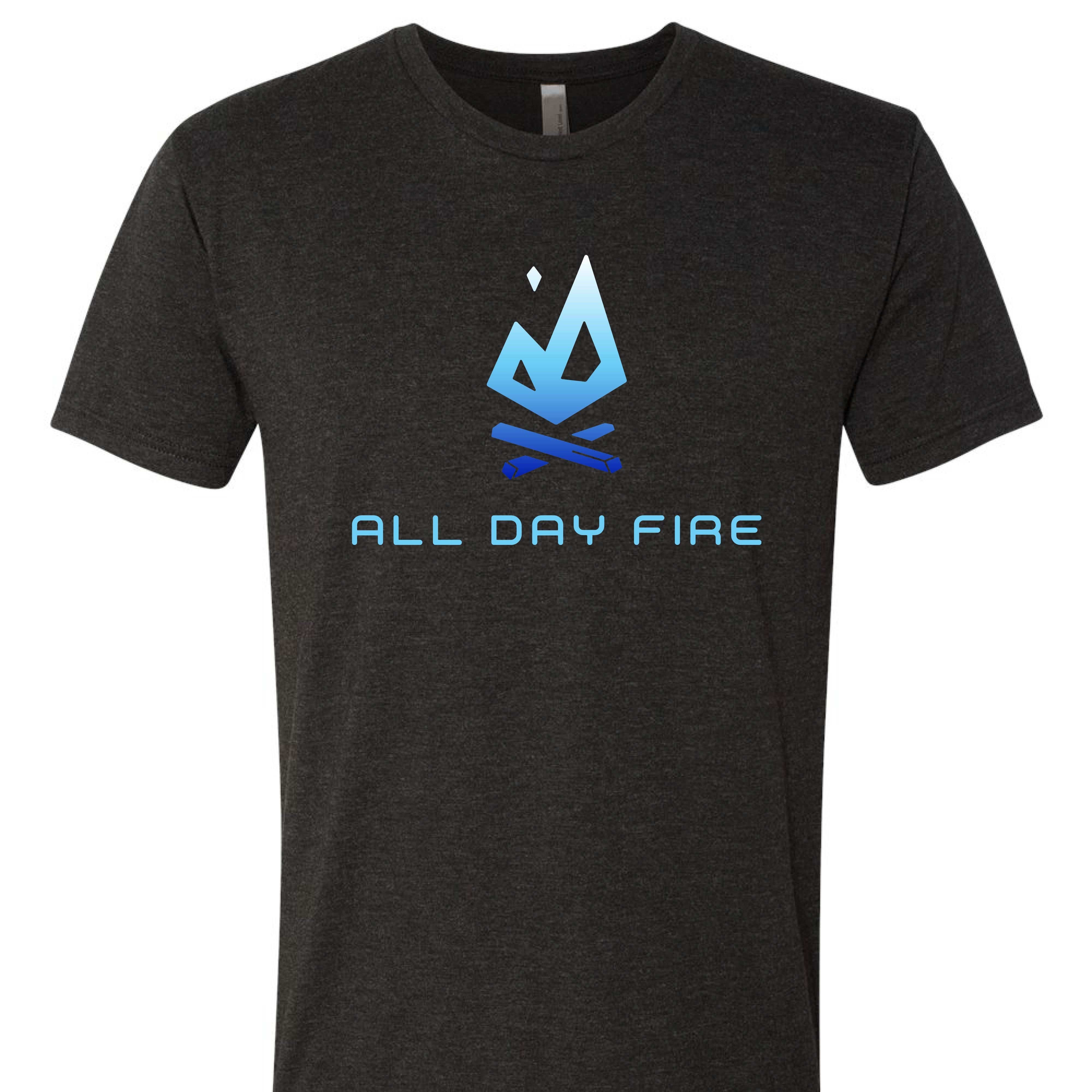 Person wearing vintage black All Day Fire Outfitters logo tee outdoors. Comfortable cotton-poly blend perfect for camping and family adventures.