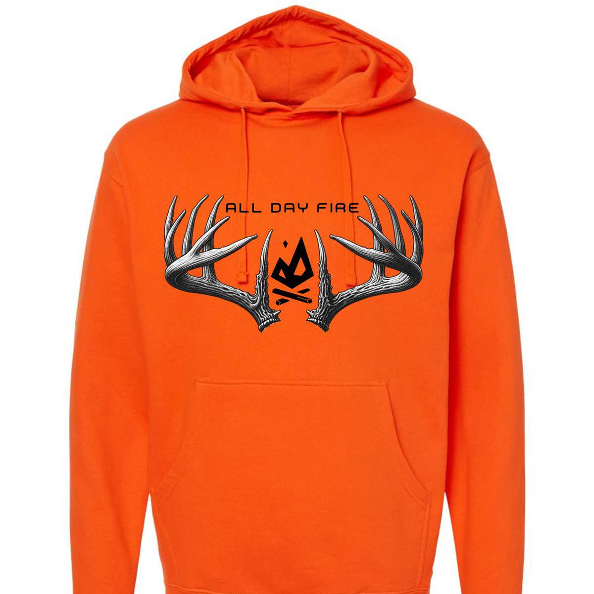 All Day Fire Outfitters Deer Camp Hoodie in safety orange with antlered logo and patch sleeve, outdoor hunting and camping apparel.