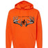 All Day Fire Outfitters Deer Camp Hoodie in safety orange with antlered logo and patch sleeve, outdoor hunting and camping apparel.