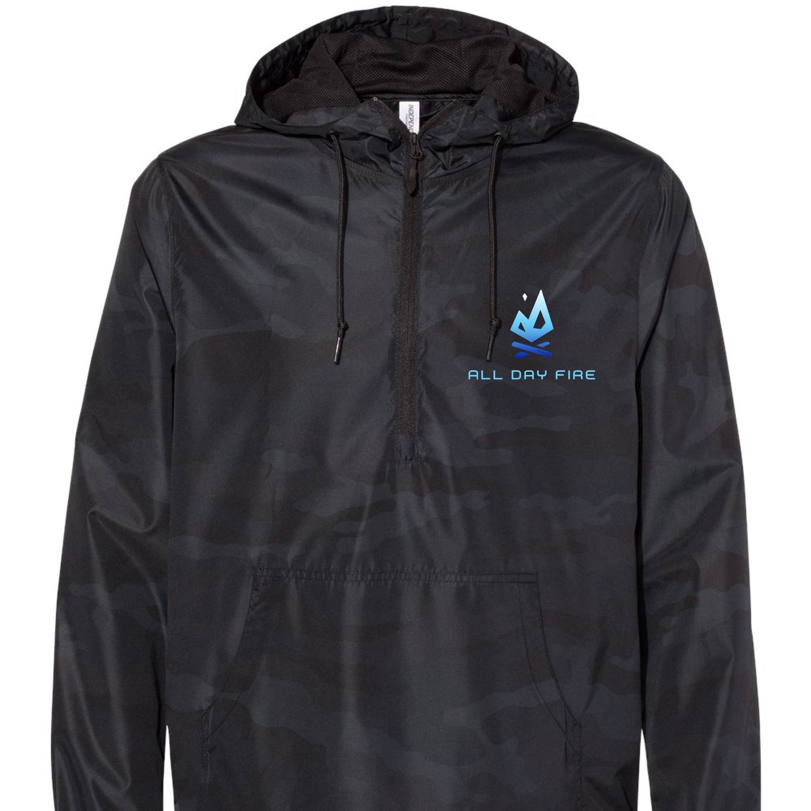 Black camo pullover jacket with All Day Fire Outfitters logo patch. Water-resistant outdoor jacket designed for camping and adventure.