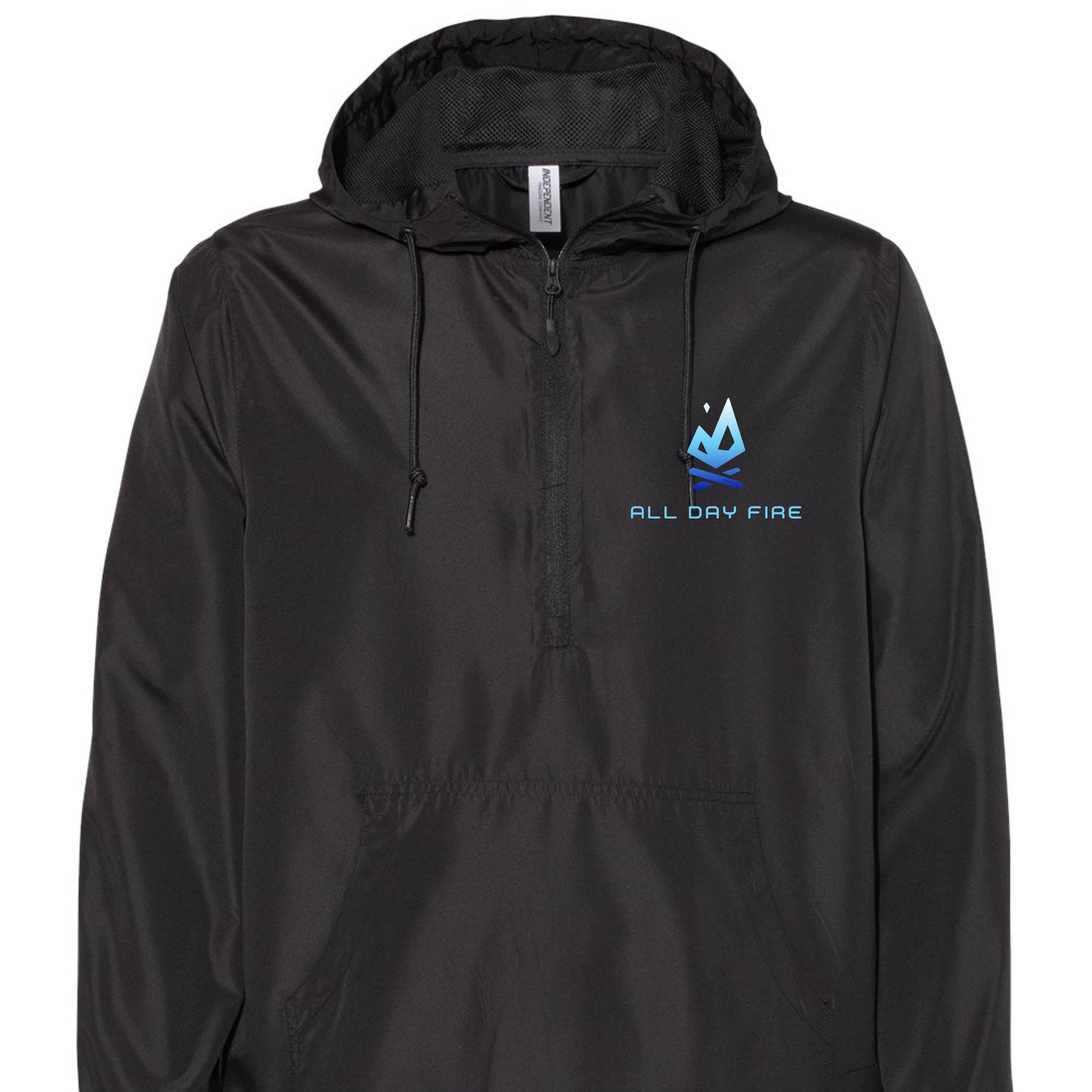 Black 1/4 zip pullover jacket featuring the All Day Fire Outfitters logo patch. Lightweight polyester jacket for rain protection and outdoor comfort.