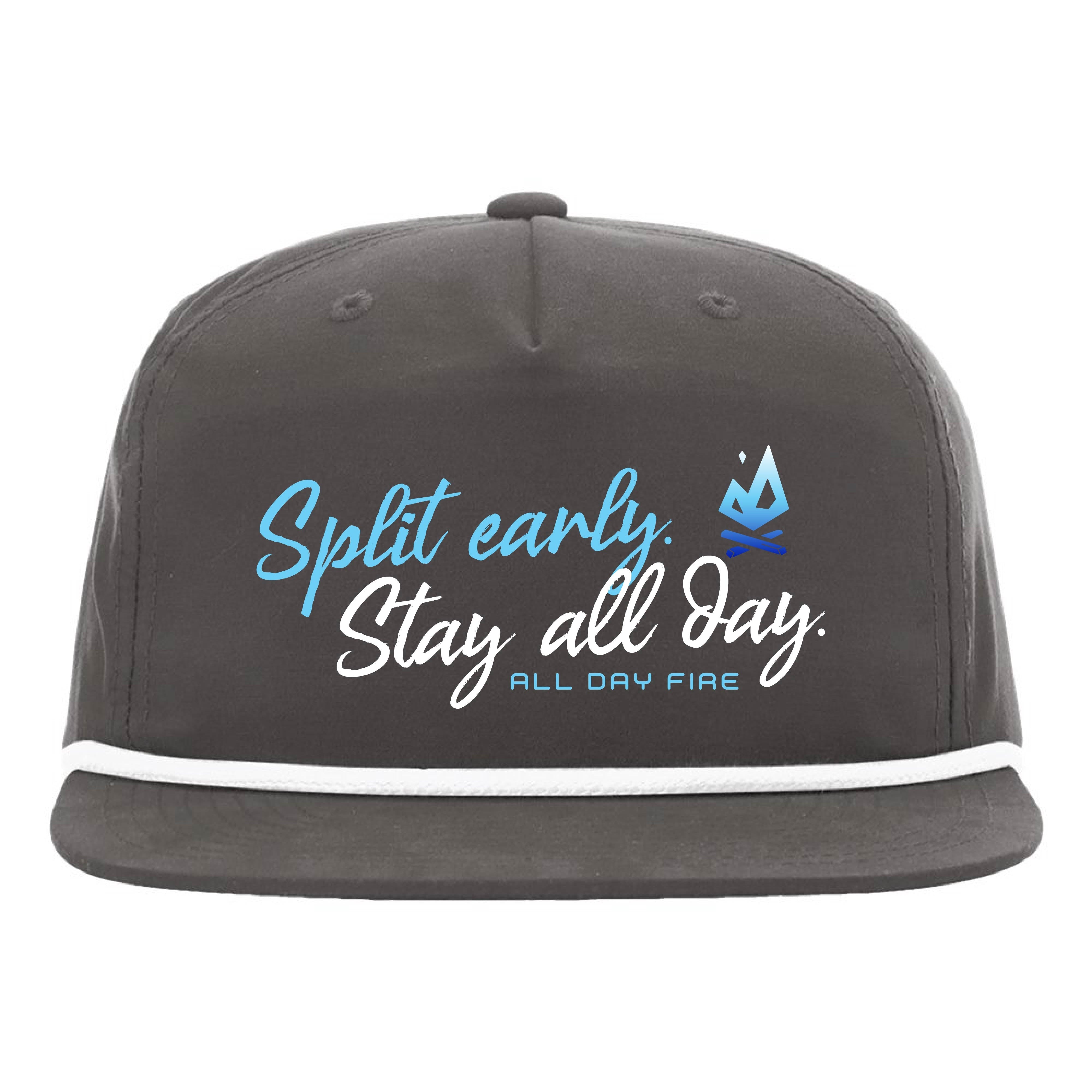 Grey and white rope snapback with Split Early Stay All Day slogan and All Day Fire logo. Lightweight summer hat for camping and boating.