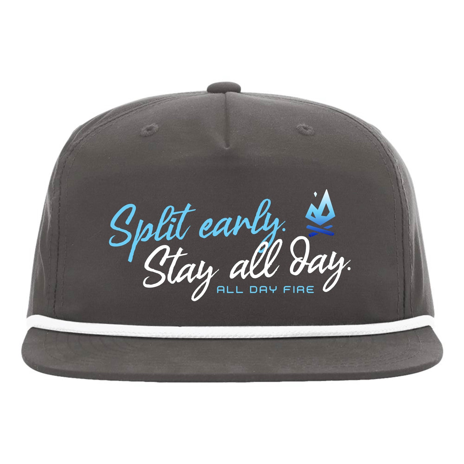 Grey and white rope snapback with Split Early Stay All Day slogan and All Day Fire logo. Lightweight summer hat for camping and boating.