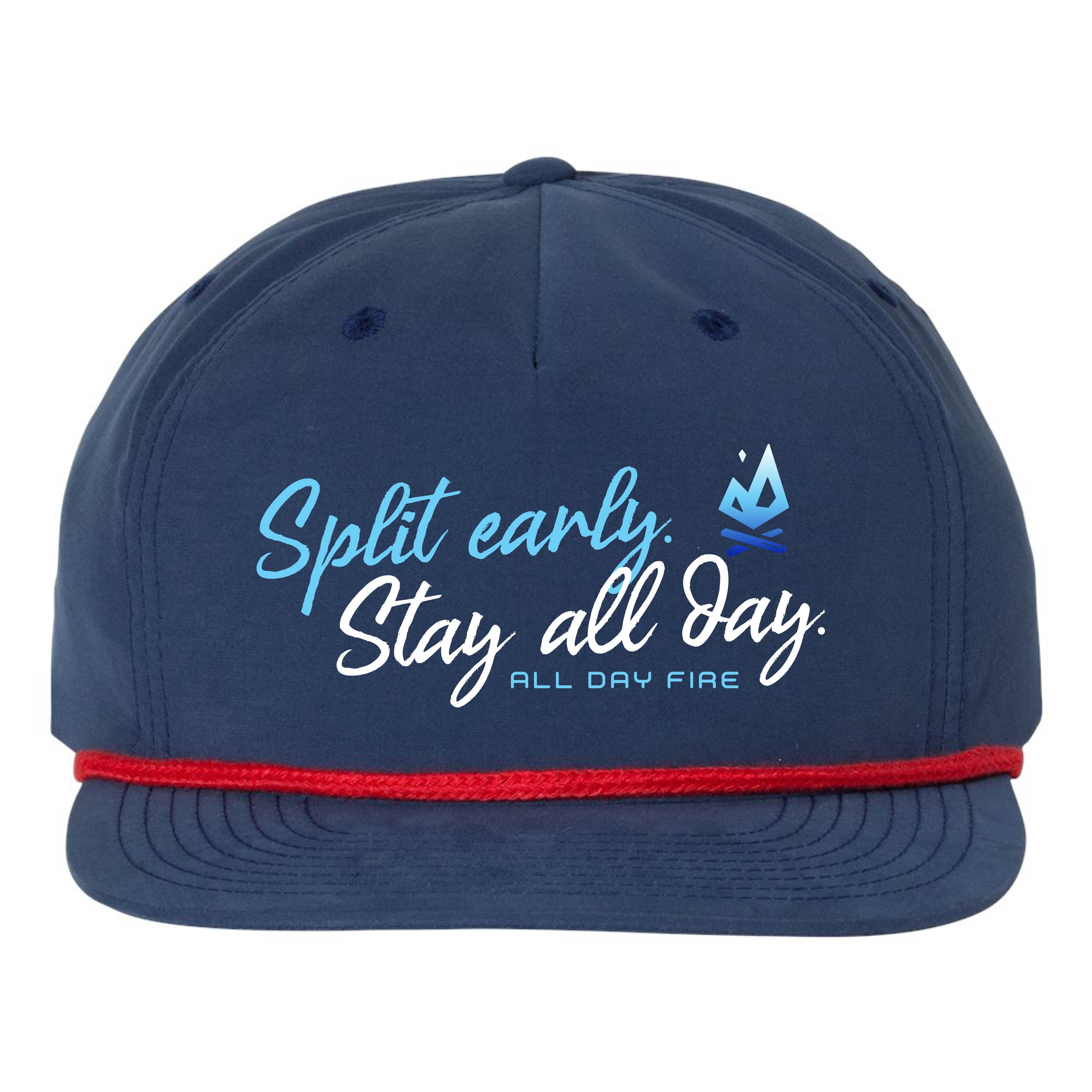 Navy and red rope-style snapback with Split Early Stay All Day design and All Day Fire logo. Outdoor hat for campfires and lake adventures.