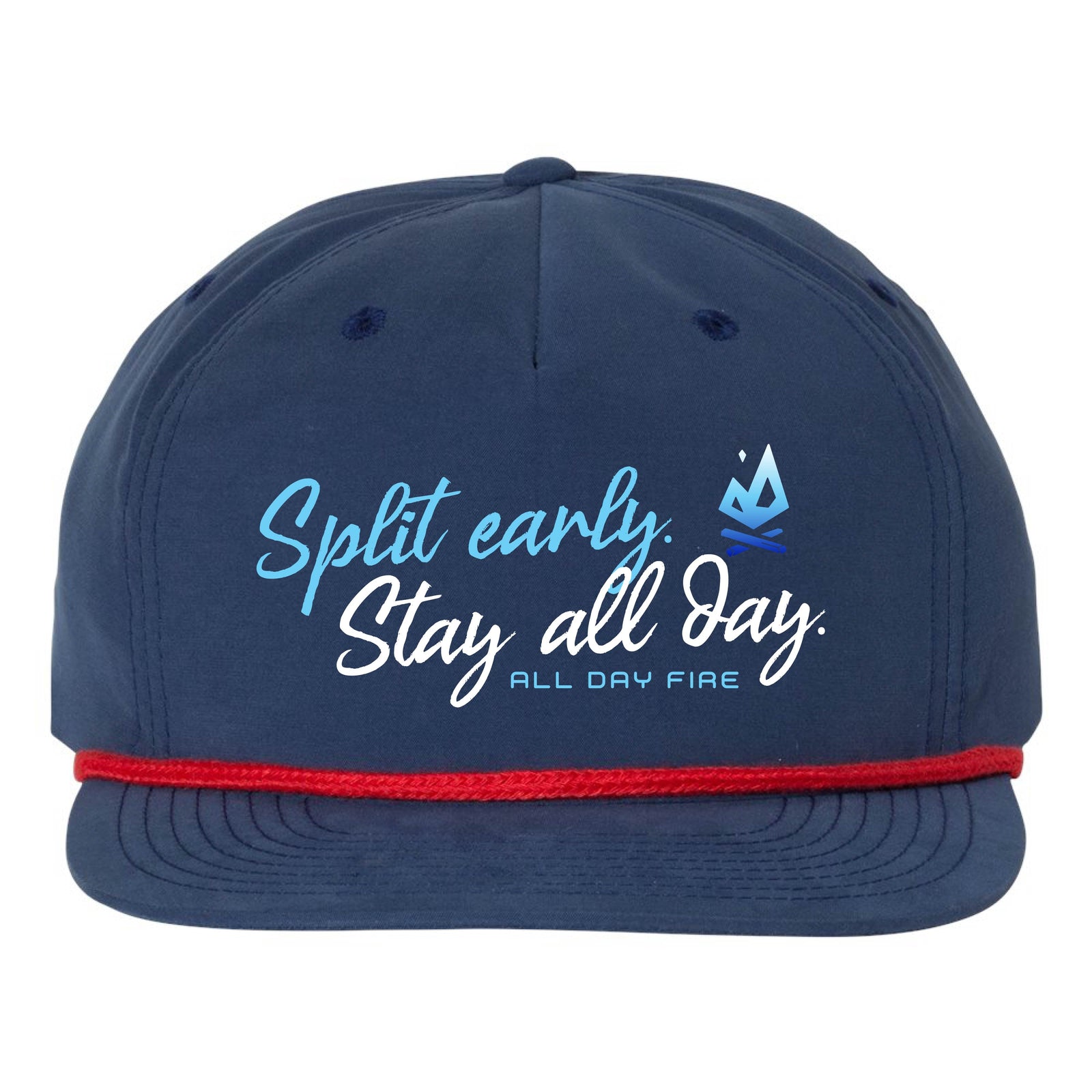 Navy and red rope-style snapback with Split Early Stay All Day design and All Day Fire logo. Outdoor hat for campfires and lake adventures.