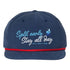 Navy and red rope-style snapback with Split Early Stay All Day design and All Day Fire logo. Outdoor hat for campfires and lake adventures.