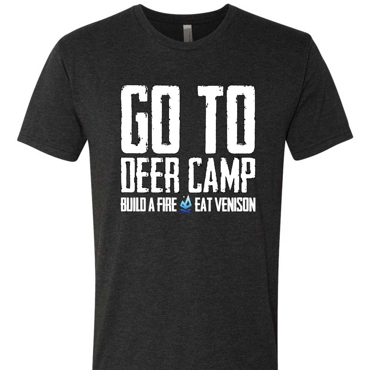 Vintage black tee with “Go To Deer Camp Build A Fire Eat Venison” slogan and All Day Fire Outfitters logo. Soft hunting and campfire shirt.