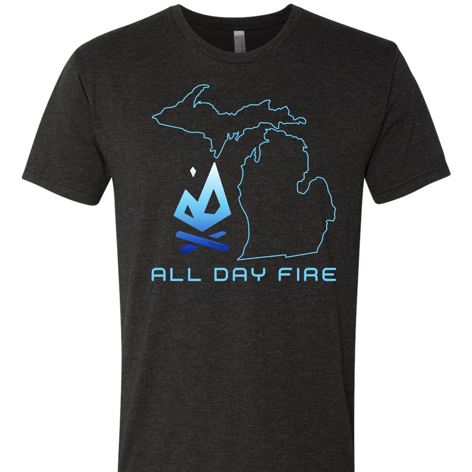 Vintage black tee with Michigan Edition All Day Fire logo and Michigan outline. Soft, outdoor-inspired camping and adventure shirt.