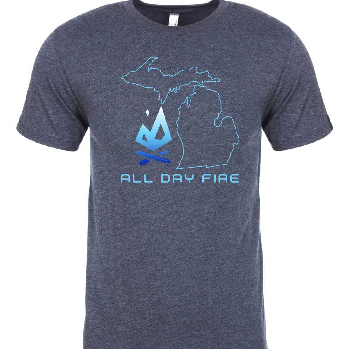 Vintage navy tee with Michigan Edition design featuring All Day Fire logo and Michigan outline. Perfect for camping and Pure Michigan living.