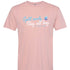 Desert pink cotton poly tee with Split Early Stay All Day design and All Day Fire logo. Outdoor shirt for camping, family adventures, and campfire comfort.