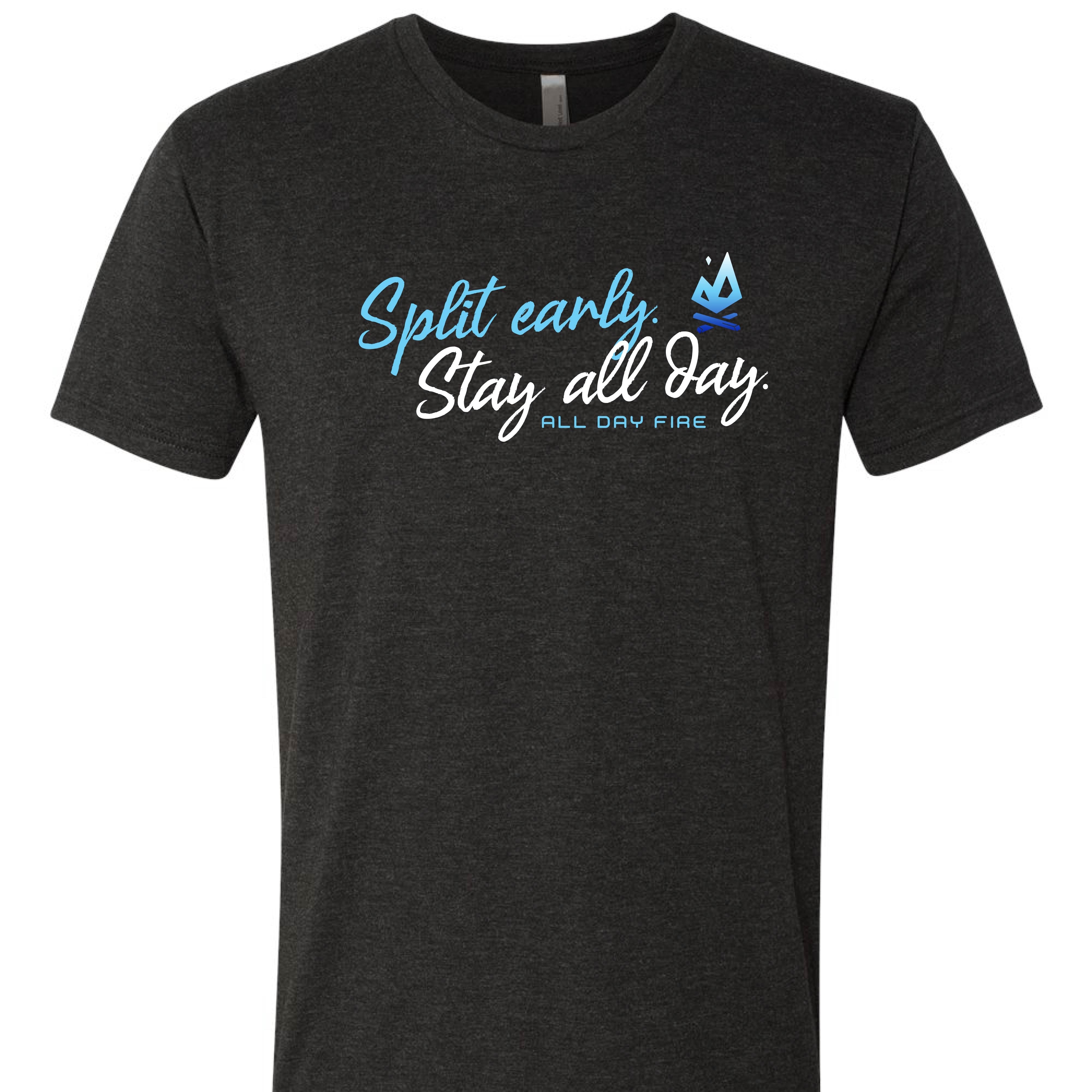 Vintage black cotton poly tee featuring Split Early Stay All Day slogan and All Day Fire logo. Comfortable outdoor shirt made for campfire living.