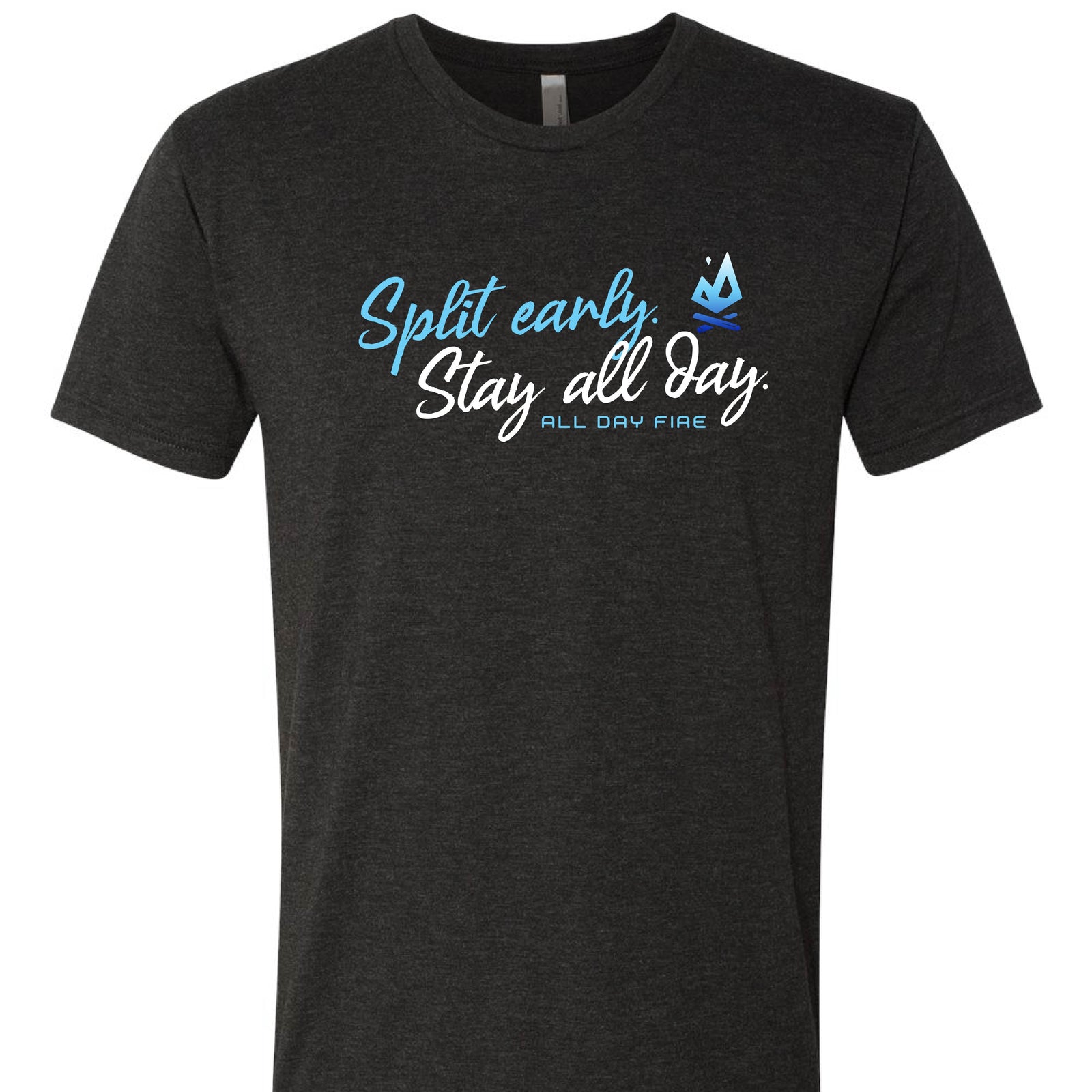 Vintage black cotton poly tee featuring Split Early Stay All Day slogan and All Day Fire logo. Comfortable outdoor shirt made for campfire living.