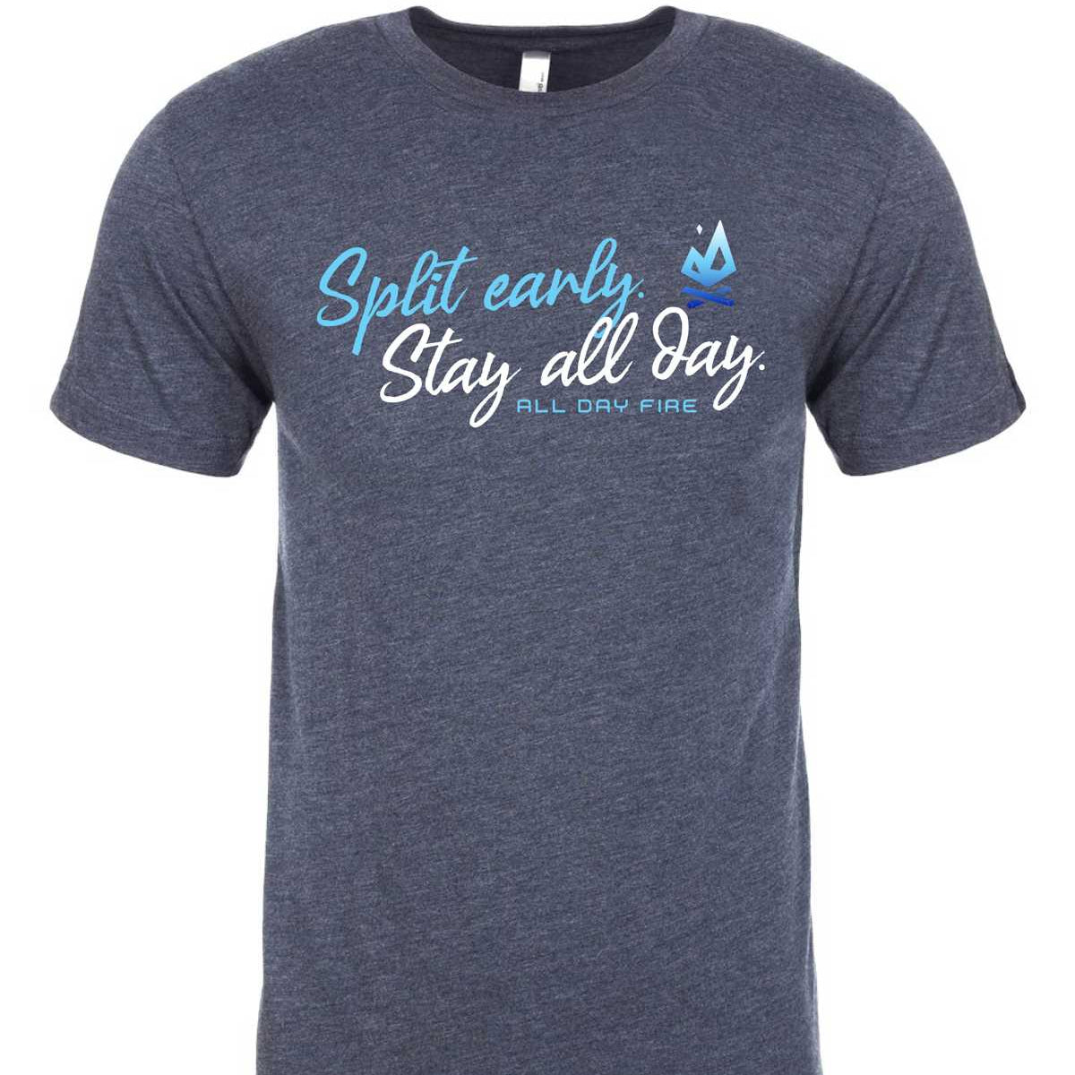 Vintage navy All Day Fire Outfitters tee with Split Early Stay All Day design. Outdoor-inspired shirt for comfort and adventure.