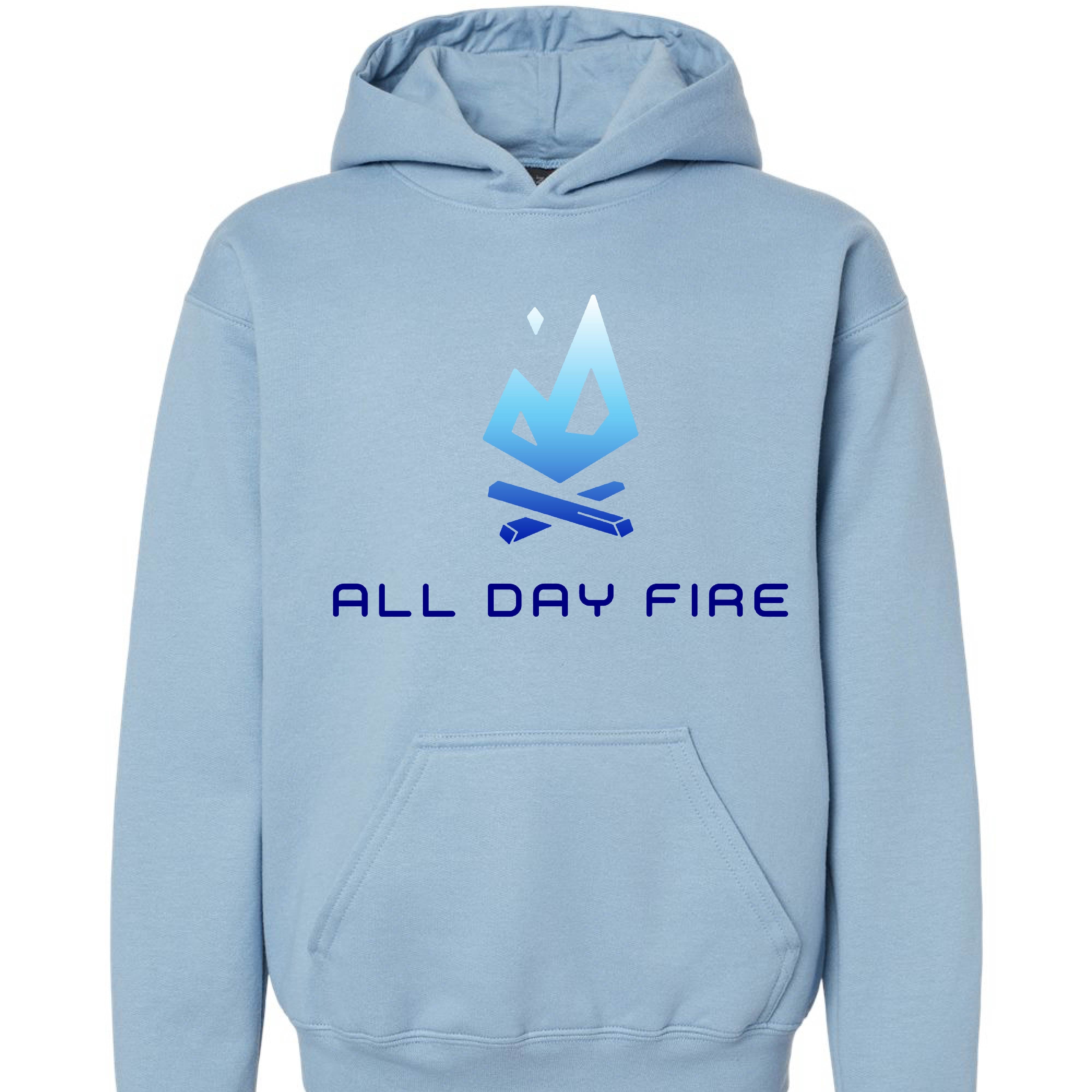 Stone blue youth camping hoodie featuring bold All Day Fire Outfitters logo across the front. Cozy cotton poly blend designed for campfire comfort.