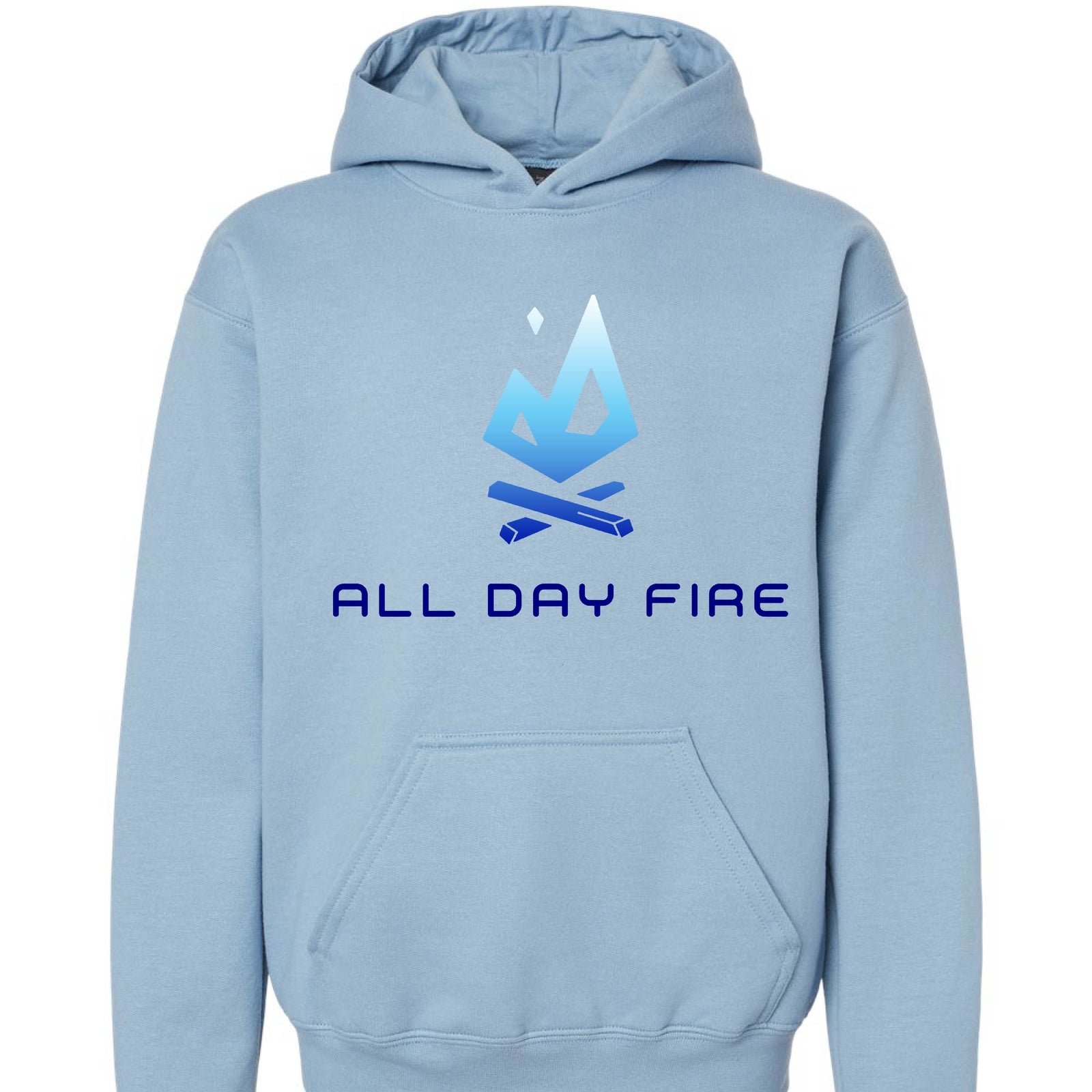 Stone blue youth camping hoodie featuring bold All Day Fire Outfitters logo across the front. Cozy cotton poly blend designed for campfire comfort.