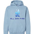Stone blue youth camping hoodie featuring bold All Day Fire Outfitters logo across the front. Cozy cotton poly blend designed for campfire comfort.