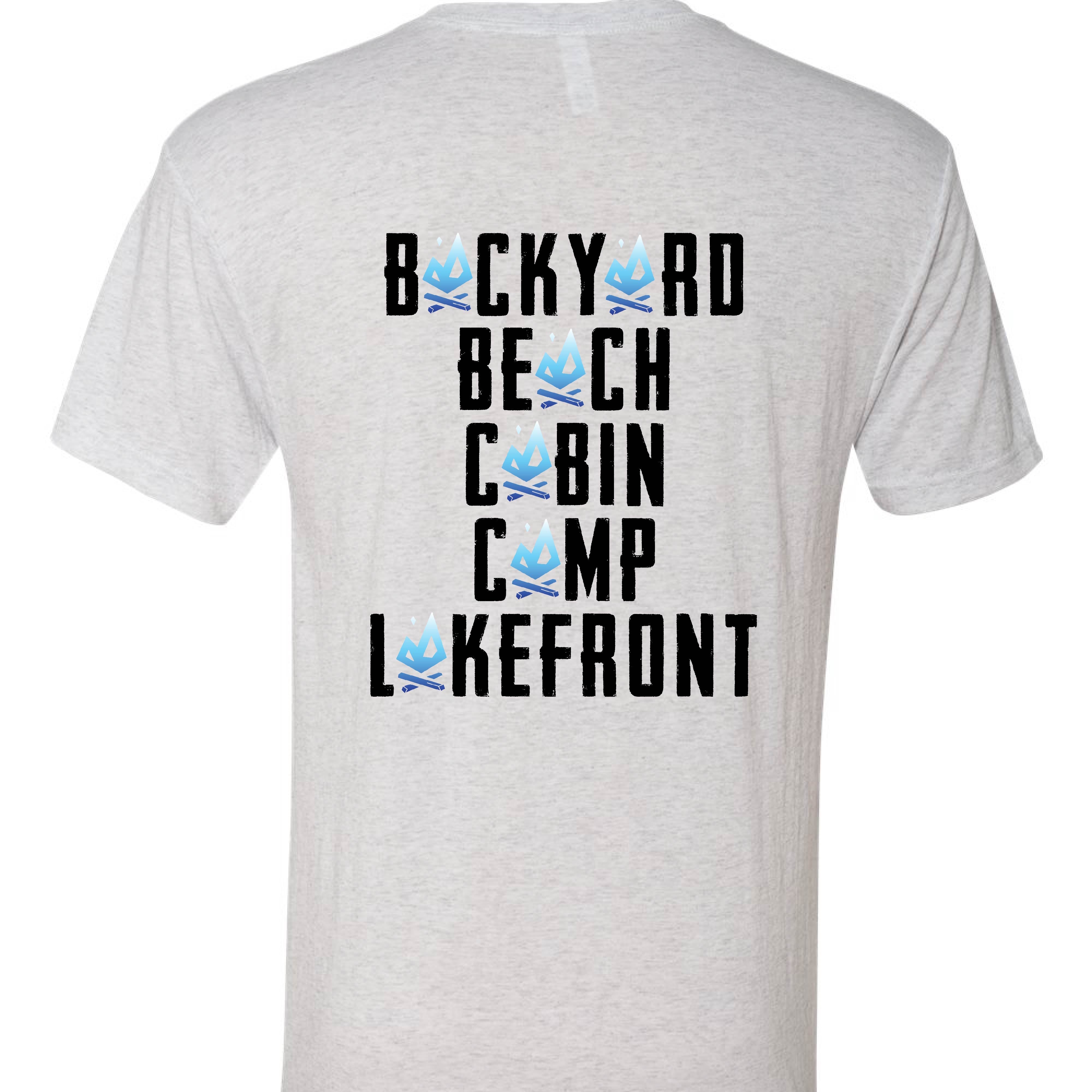Backyard campfire t shirt with campfire graphic showing backyard beach cabin camp and lakefront design