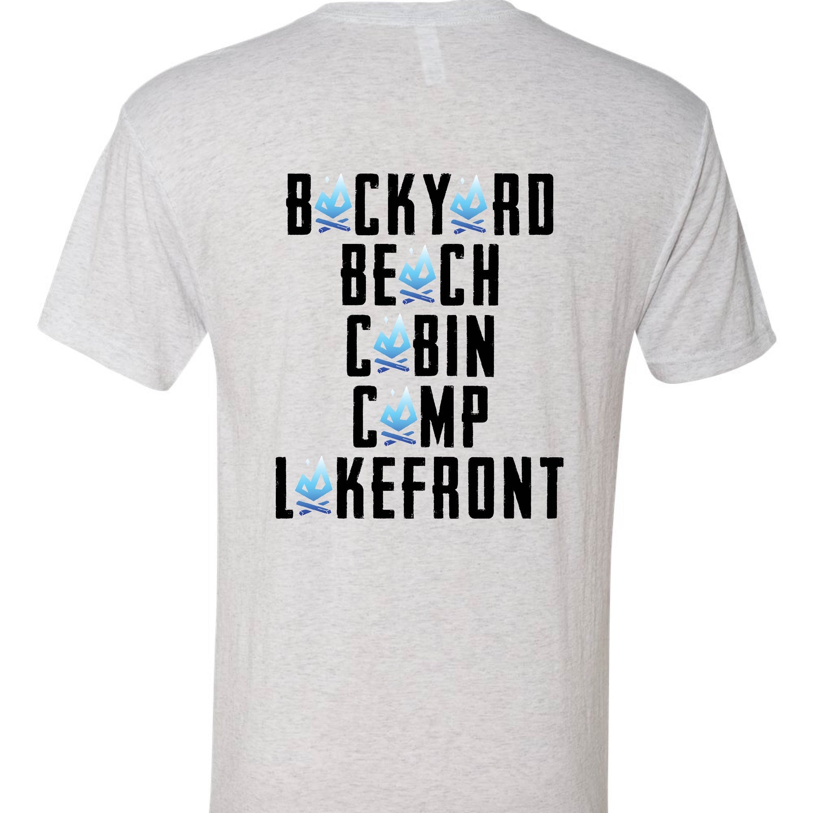Backyard campfire t shirt with campfire graphic showing backyard beach cabin camp and lakefront design