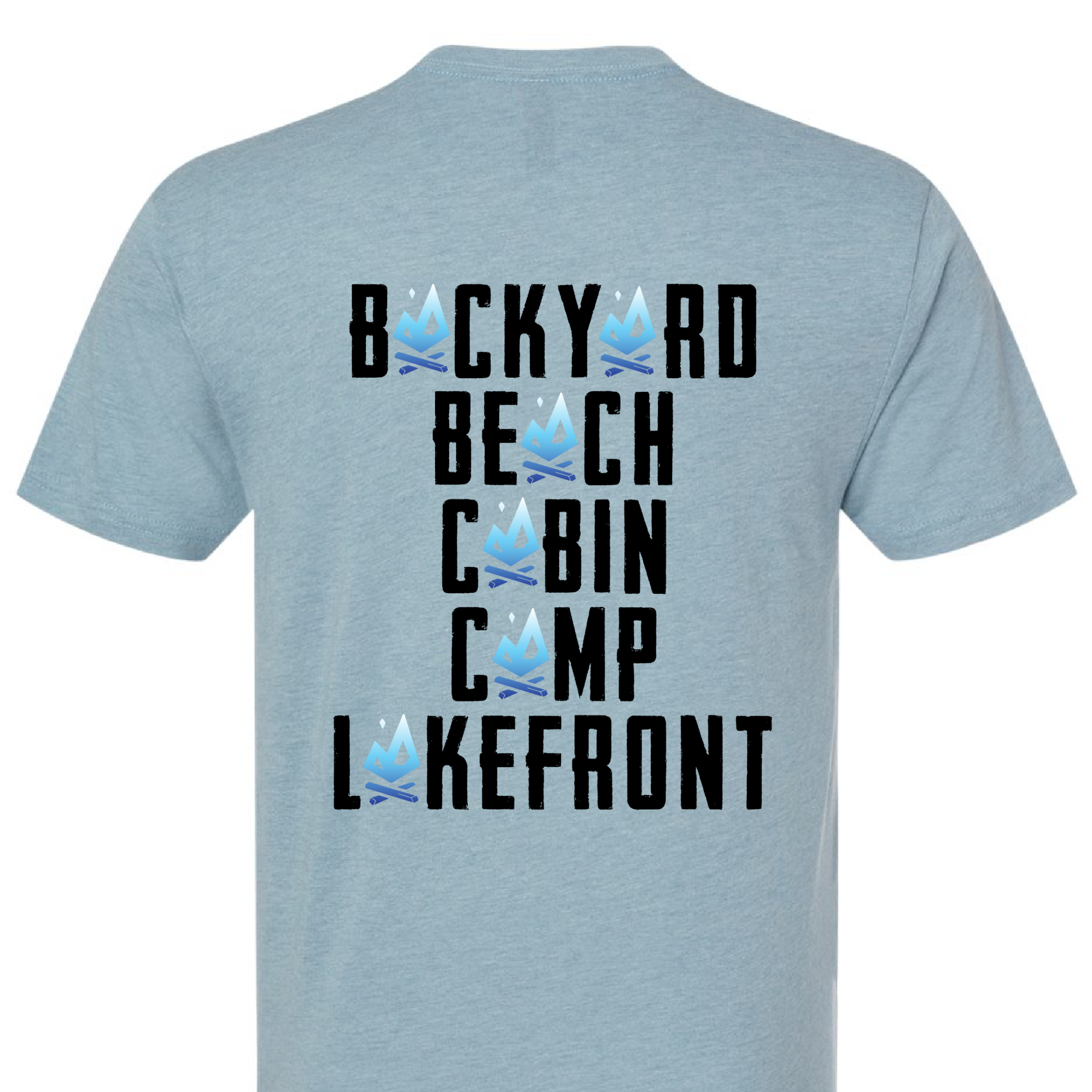 Backyard campfire t shirt with campfire graphic showing backyard beach cabin camp and lakefront design