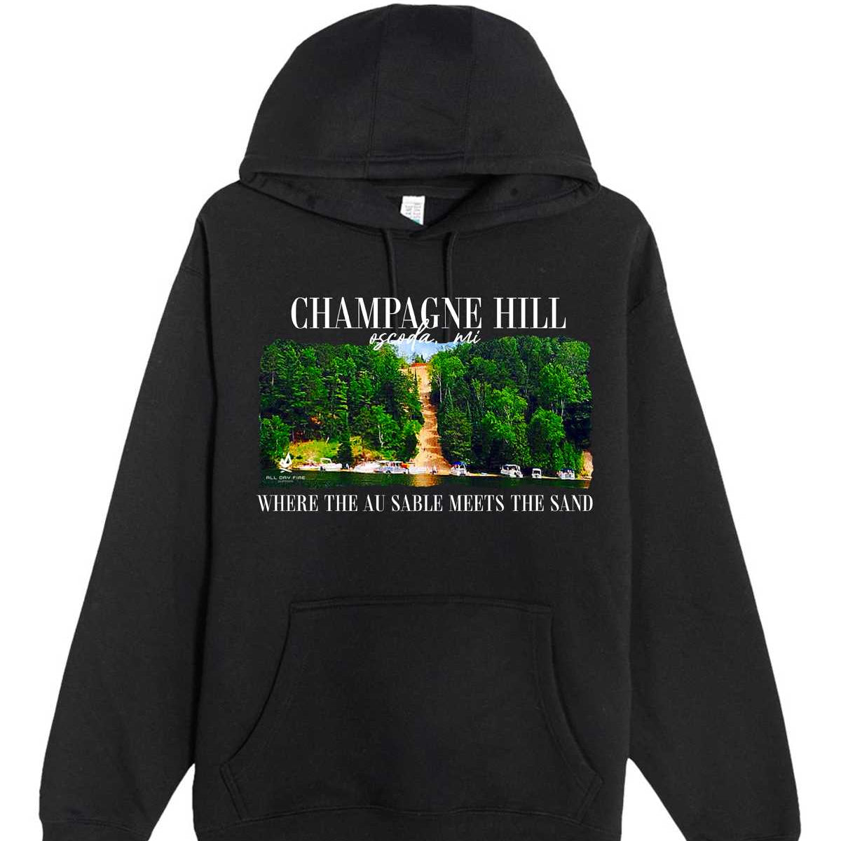 Black Champagne Hill Oscoda Michigan hoodie featuring Au Sable River design. Soft fleece sweatshirt built for camping and cool river nights.