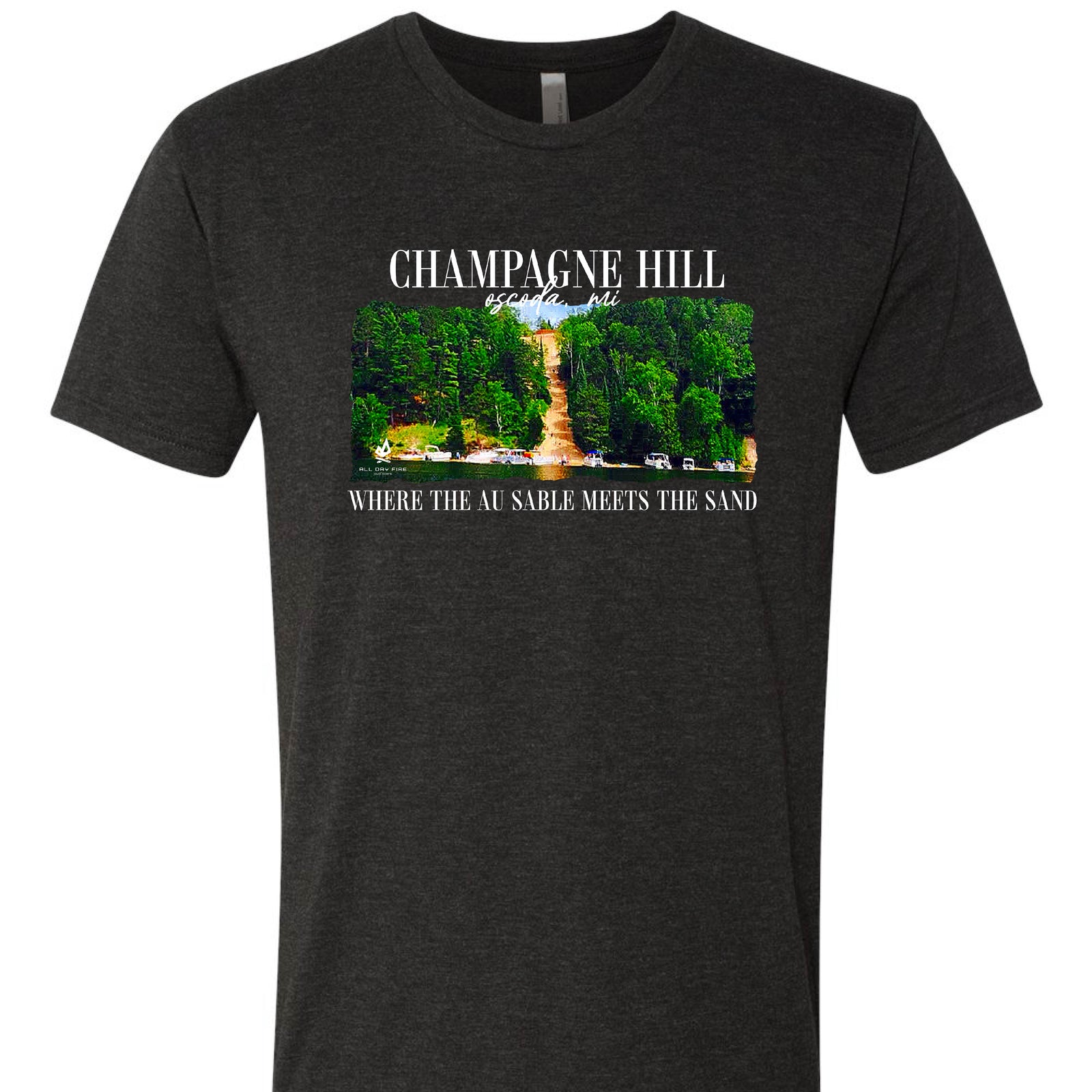 Black Champagne Hill Oscoda Michigan t shirt inspired by the Au Sable River and Northern Michigan river life.