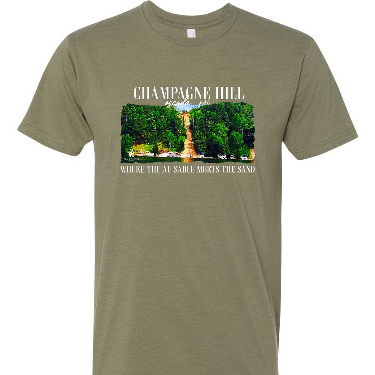 Light olive Champagne Hill Oscoda Michigan tee featuring Au Sable River design. Soft cotton poly outdoor shirt.