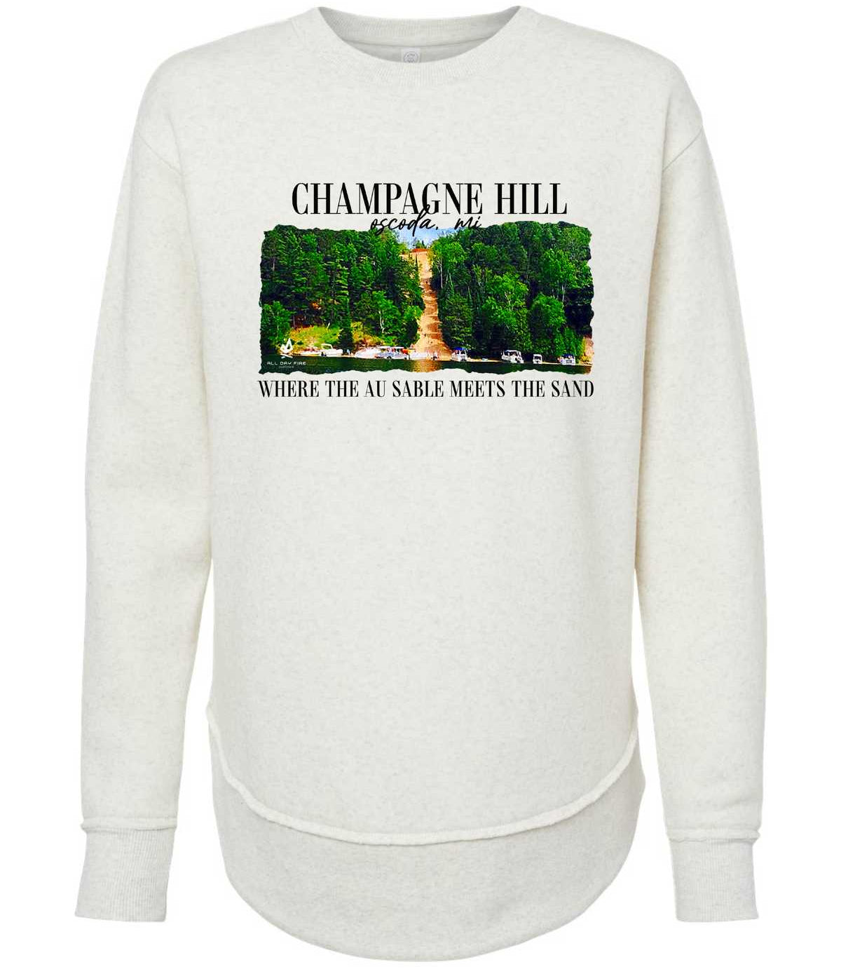 Natural Heather womens Champagne Hill Oscoda Michigan crewneck featuring Au Sable River design. Soft fleece sweatshirt for Northern Michigan outdoor life.